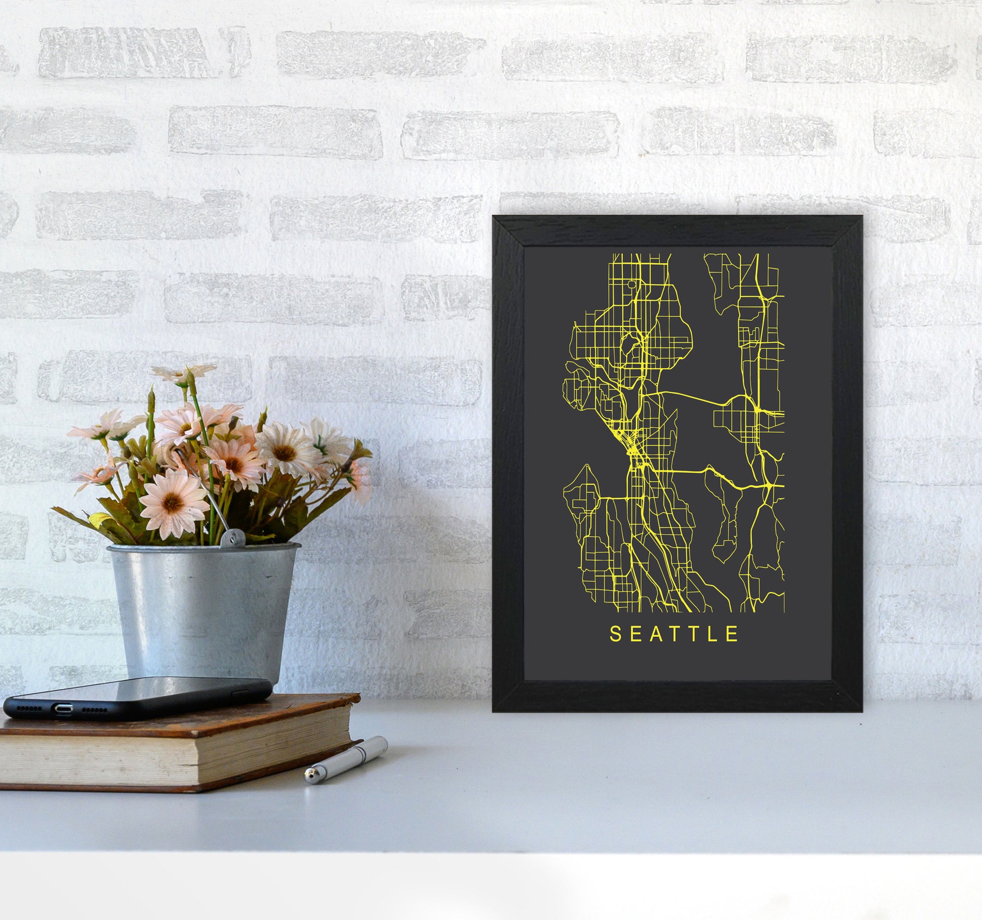 Seattle Map Neon Art Print by Pixy Paper A4 White Frame