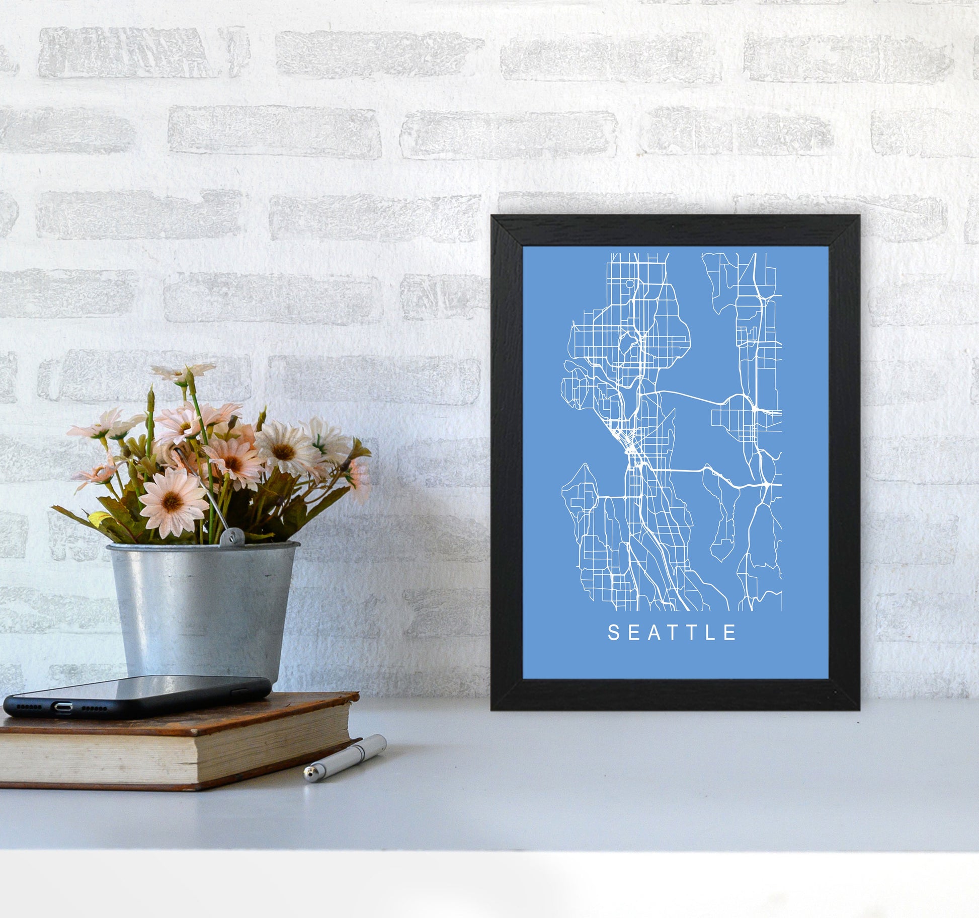 Seattle Map Blueprint Art Print by Pixy Paper A4 White Frame