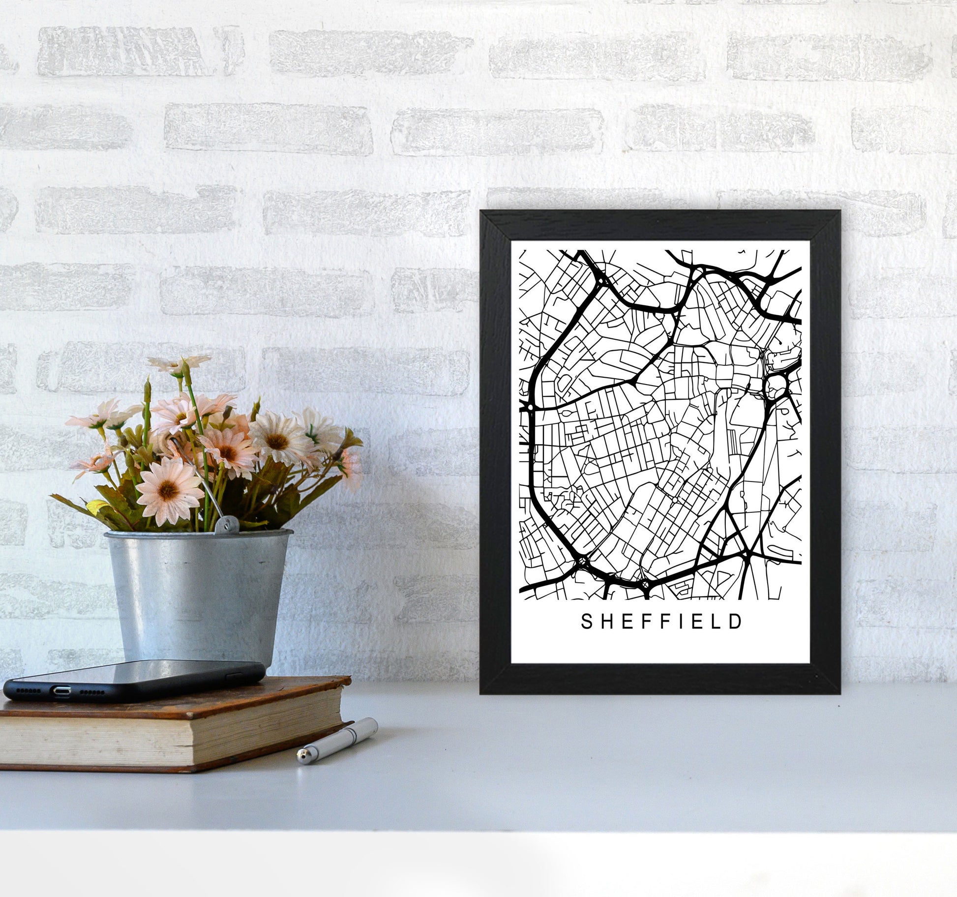 Sheffield Map Art Print by Pixy Paper A4 White Frame