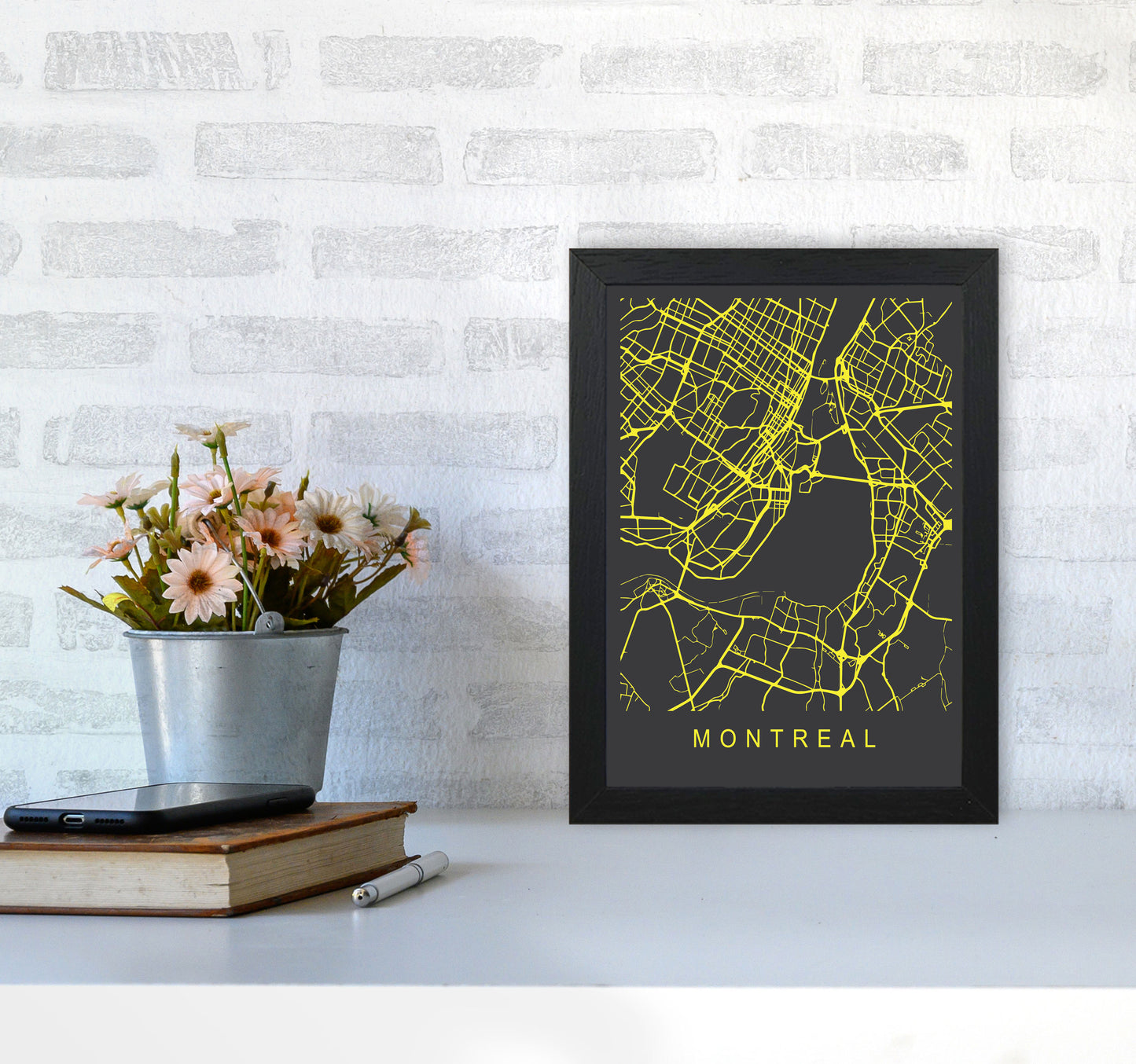 Montreal Map Neon Art Print by Pixy Paper A4 White Frame