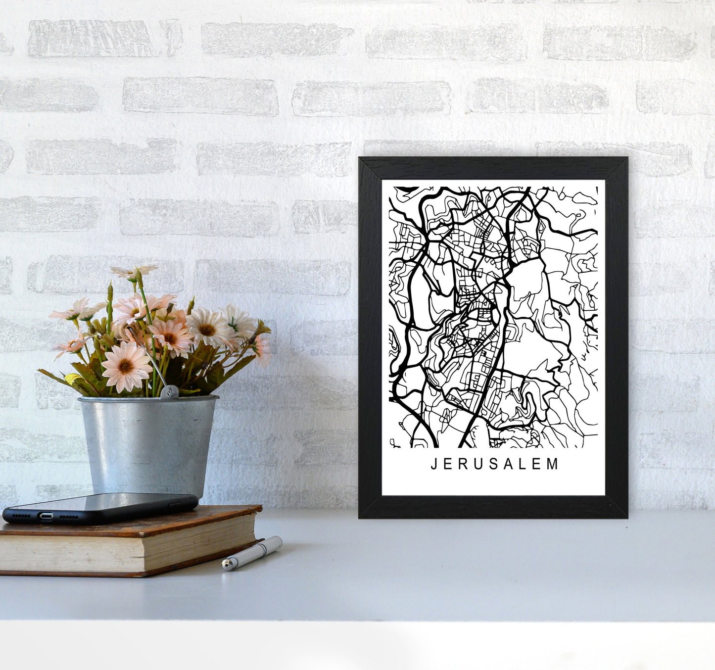 Jerusalem Map Art Print by Pixy Paper A4 White Frame