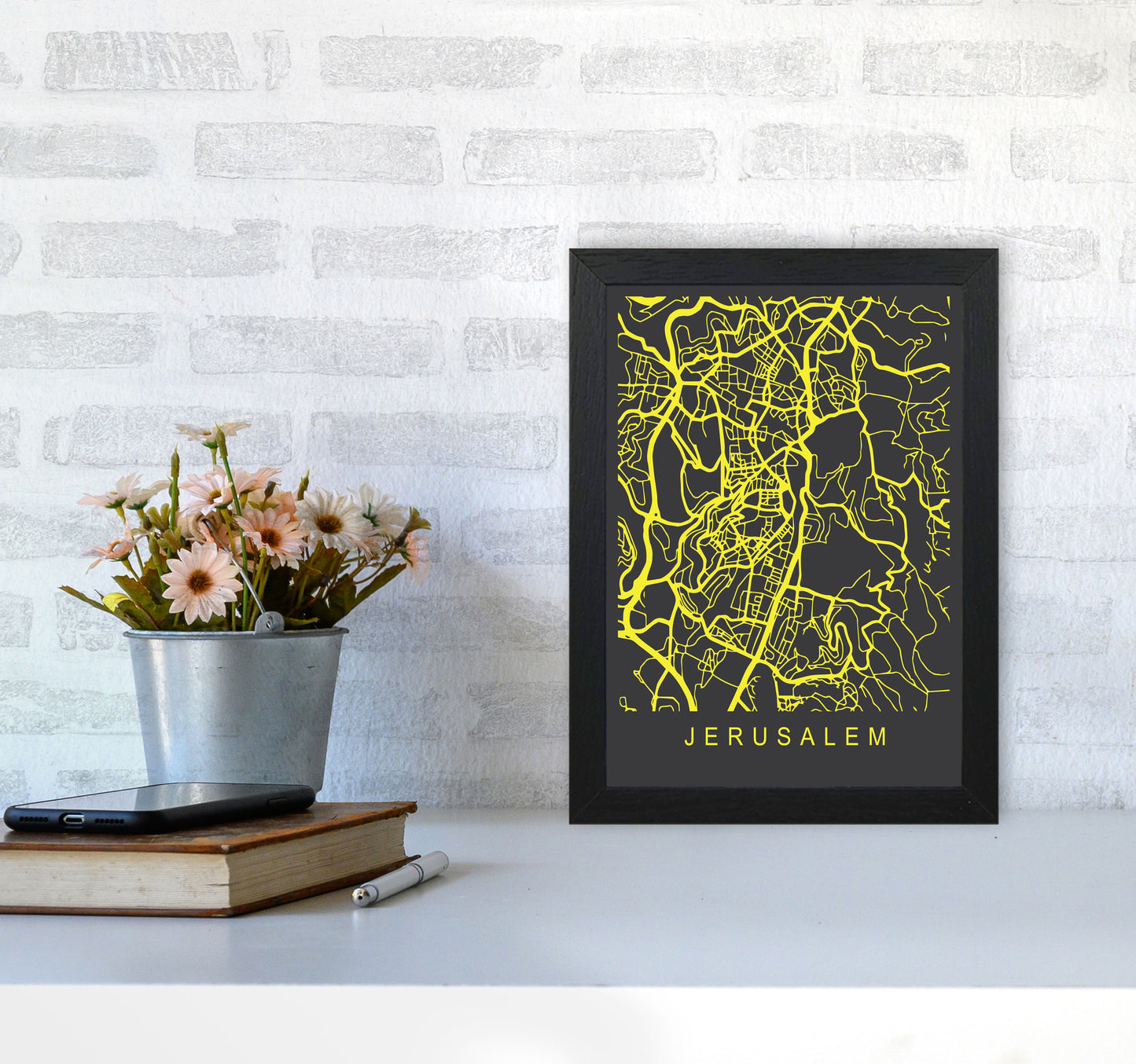 Jerusalem Map Neon Art Print by Pixy Paper A4 White Frame