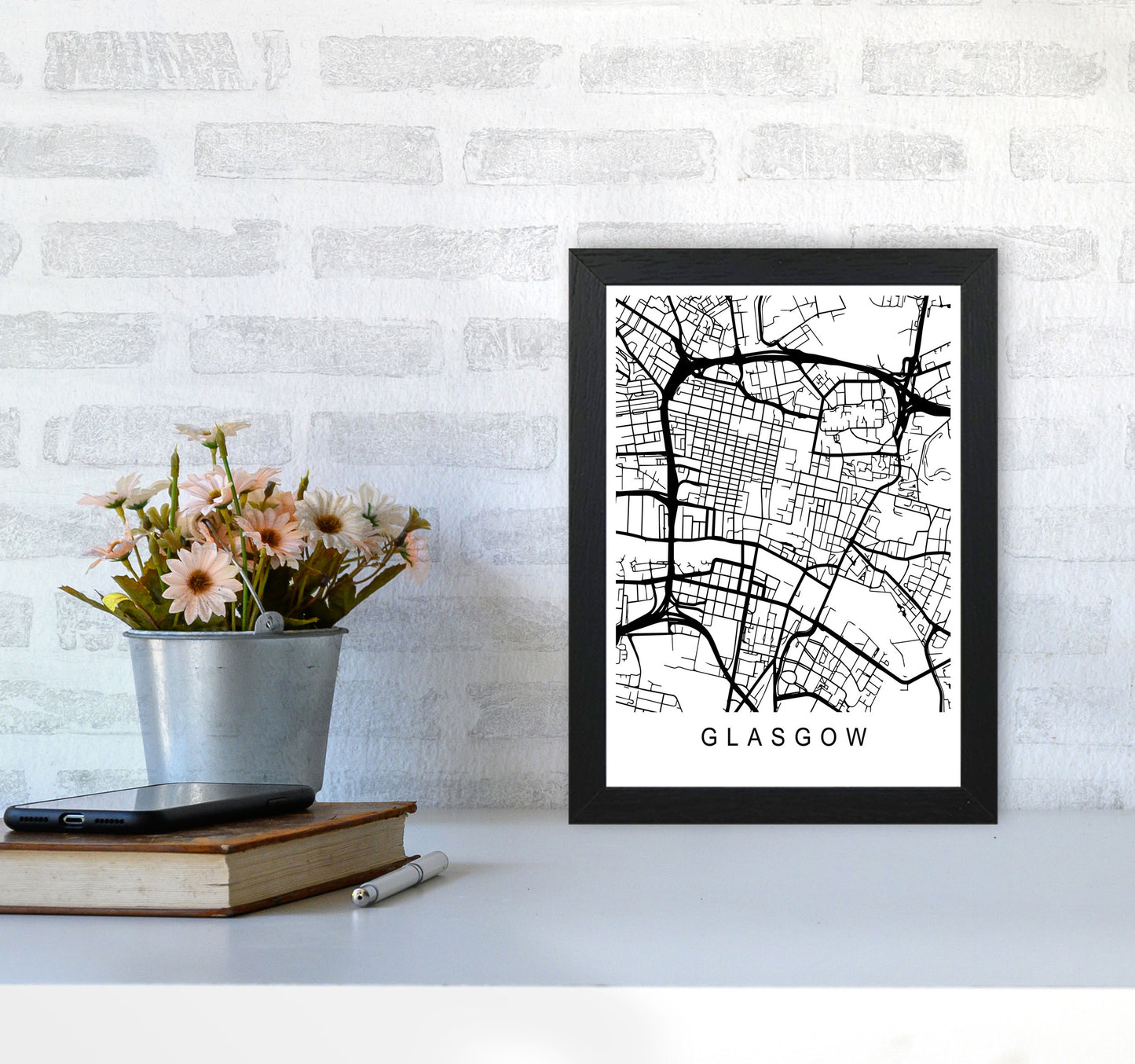 Glasgow Map Art Print by Pixy Paper A4 White Frame