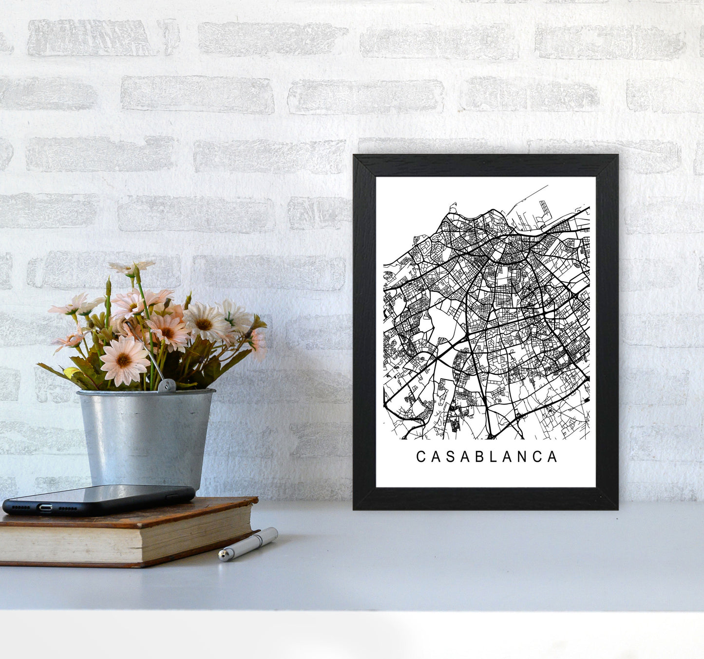 Casablanca Map Art Print by Pixy Paper A4 White Frame