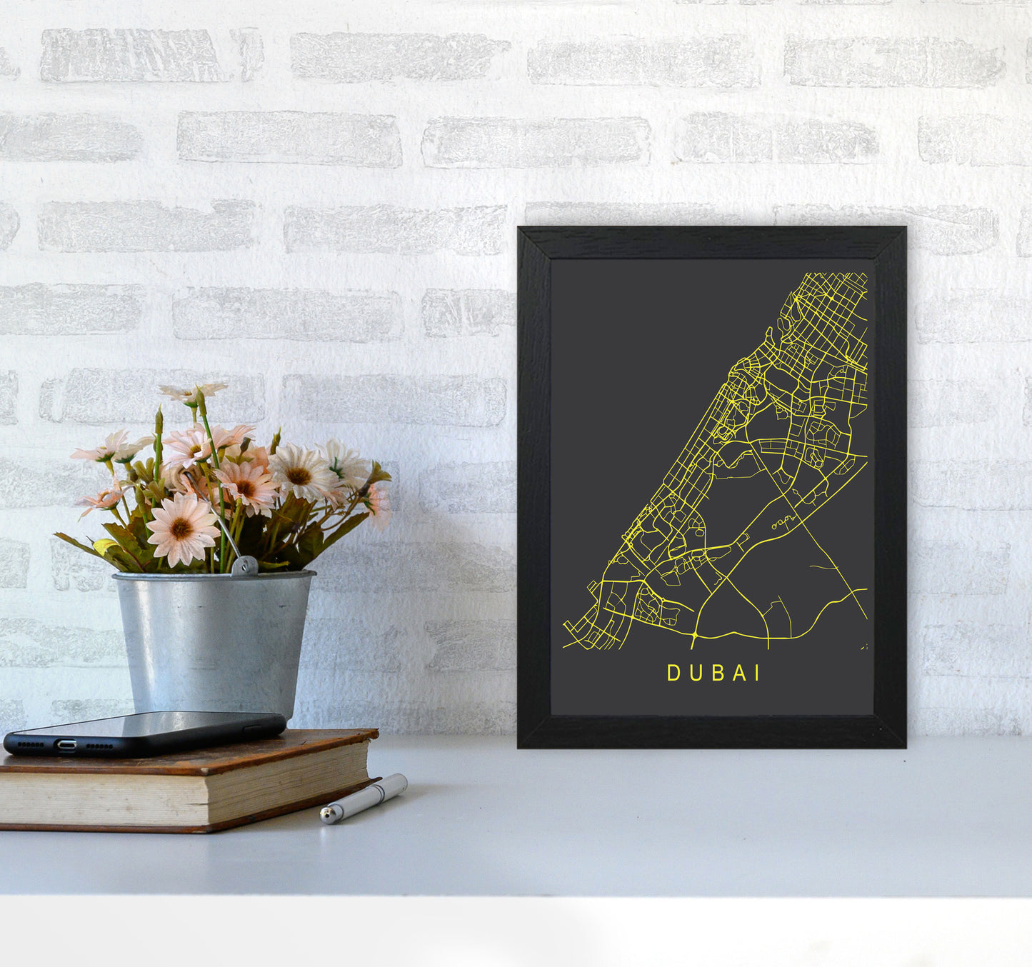 Dubai Map Neon Art Print by Pixy Paper A4 White Frame