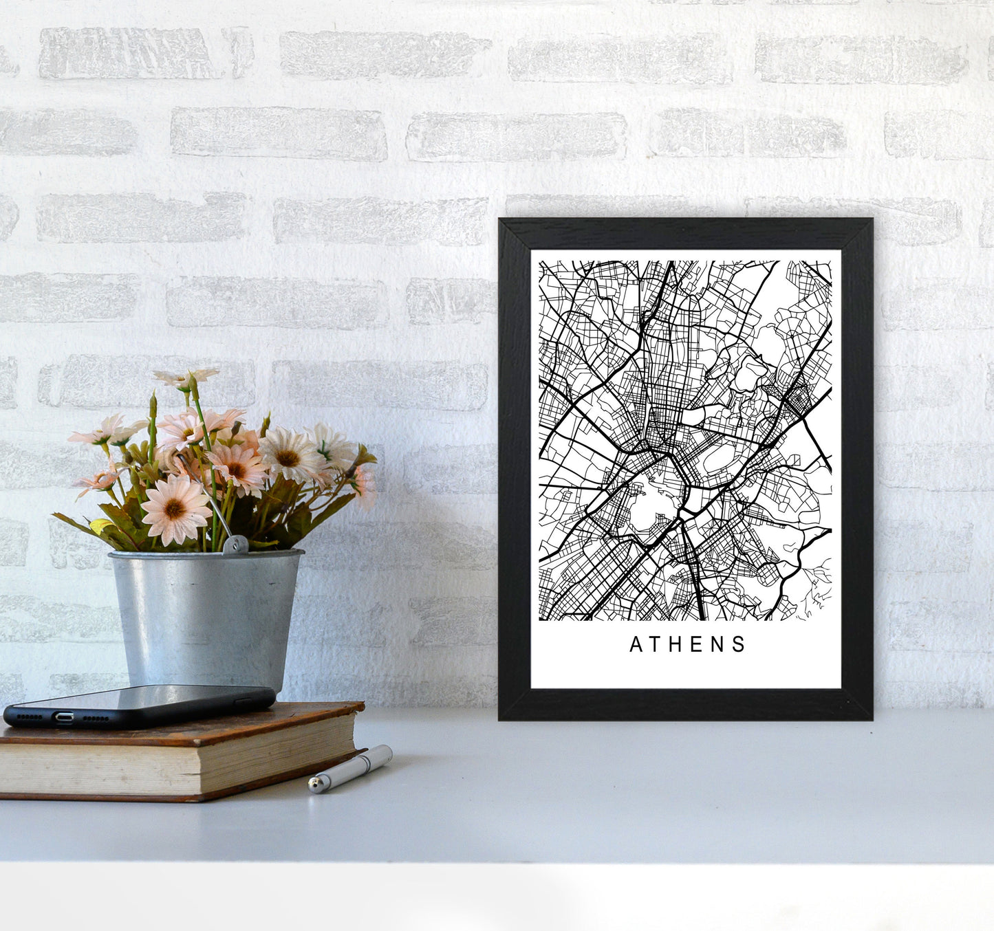 Athens Map Art Print by Pixy Paper A4 White Frame