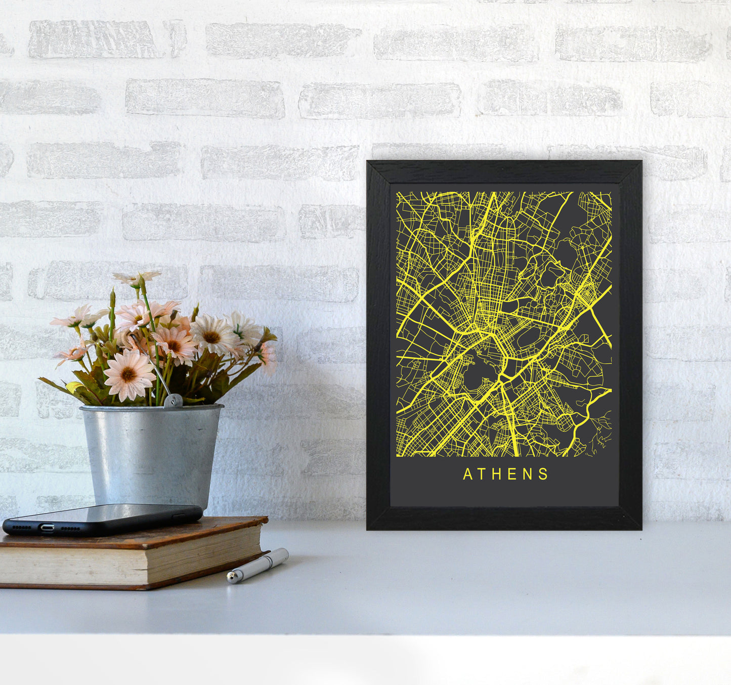Athens Map Neon Art Print by Pixy Paper A4 White Frame