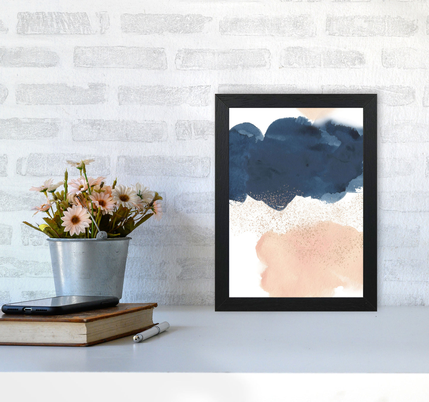 Aztec Blush and Navy Watercolour 03 Art Print by Pixy Paper A4 White Frame