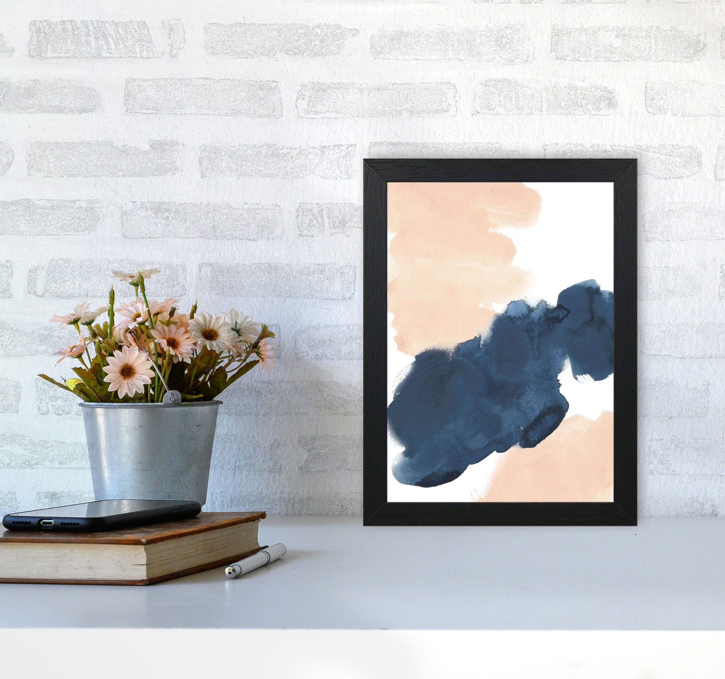 Aztec Blush and Navy Watercolour 02 Art Print by Pixy Paper A4 White Frame
