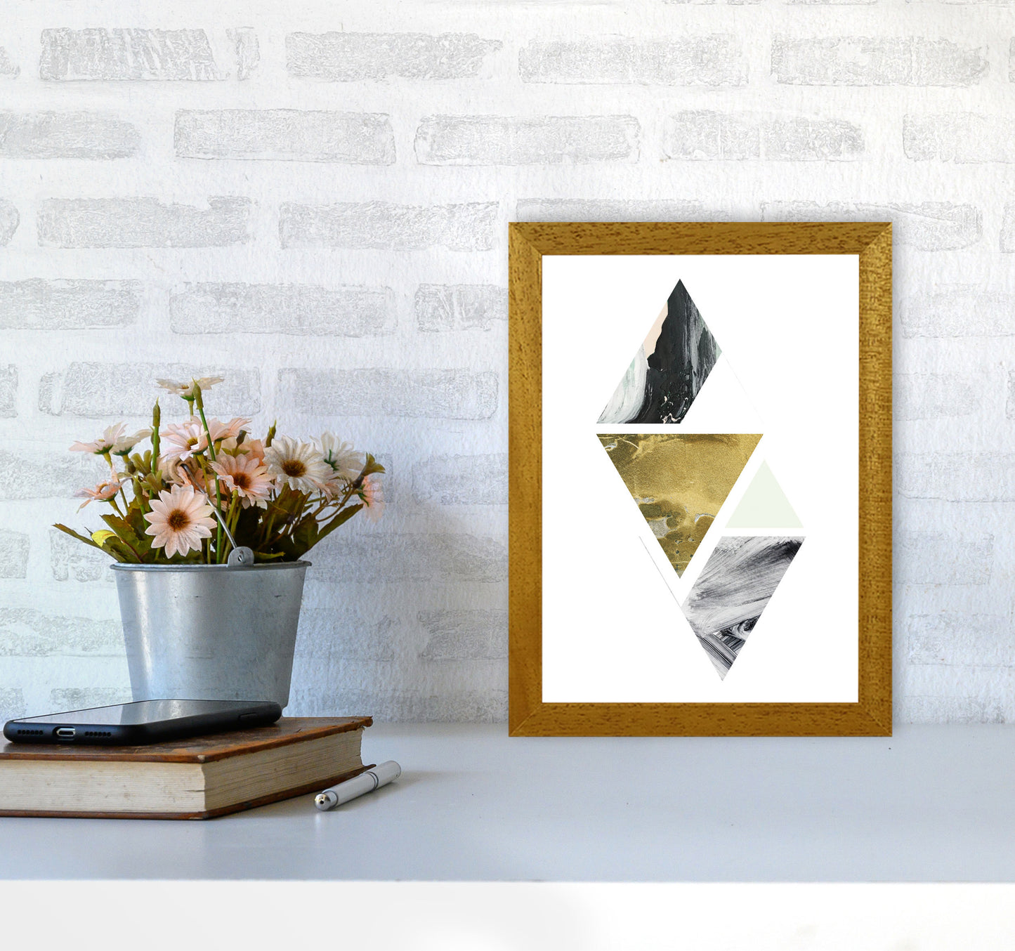 Textured Peach, Green And Grey Abstract Triangles Modern Print A4 Print Only