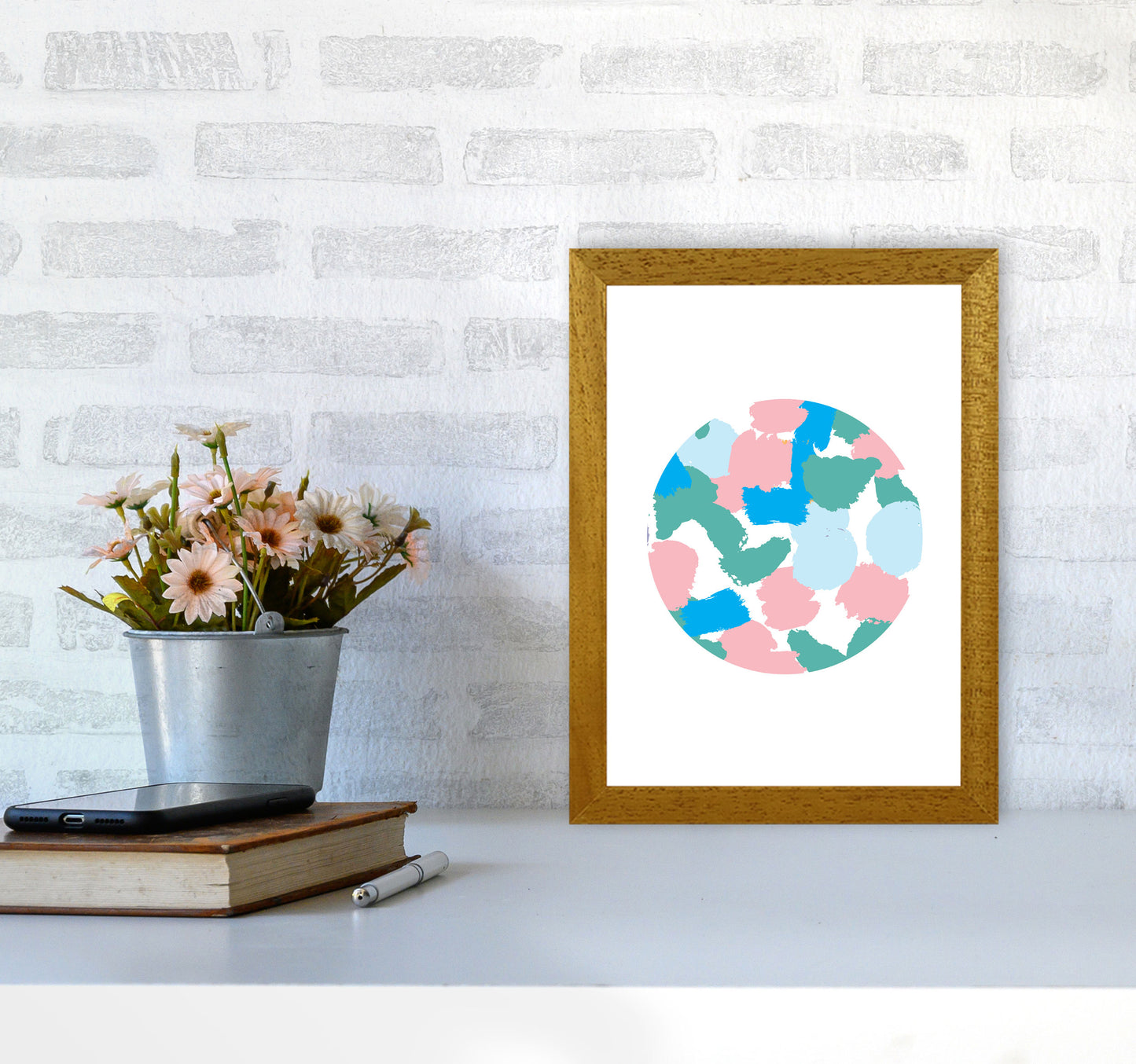 Pink And Green Paint Splodge Circle Abstract Modern Print A4 Print Only