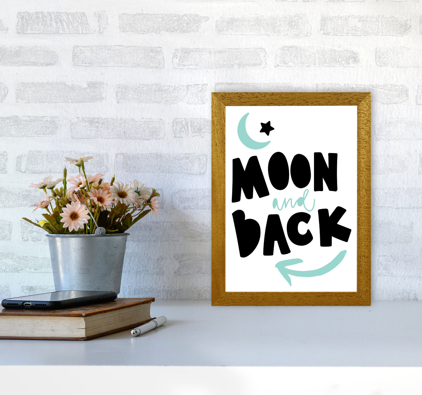Moon And Back Black And Mint Framed Typography Wall Art Print A4 Print Only
