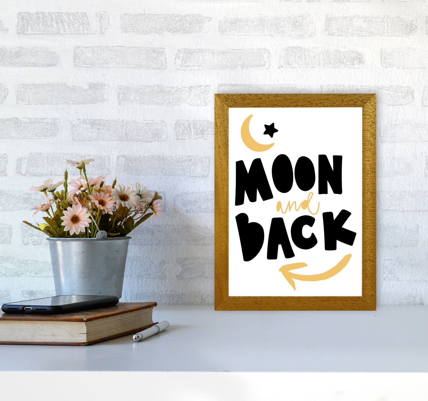 Moon And Back Mustard And Black Framed Typography Wall Art Print A4 Print Only