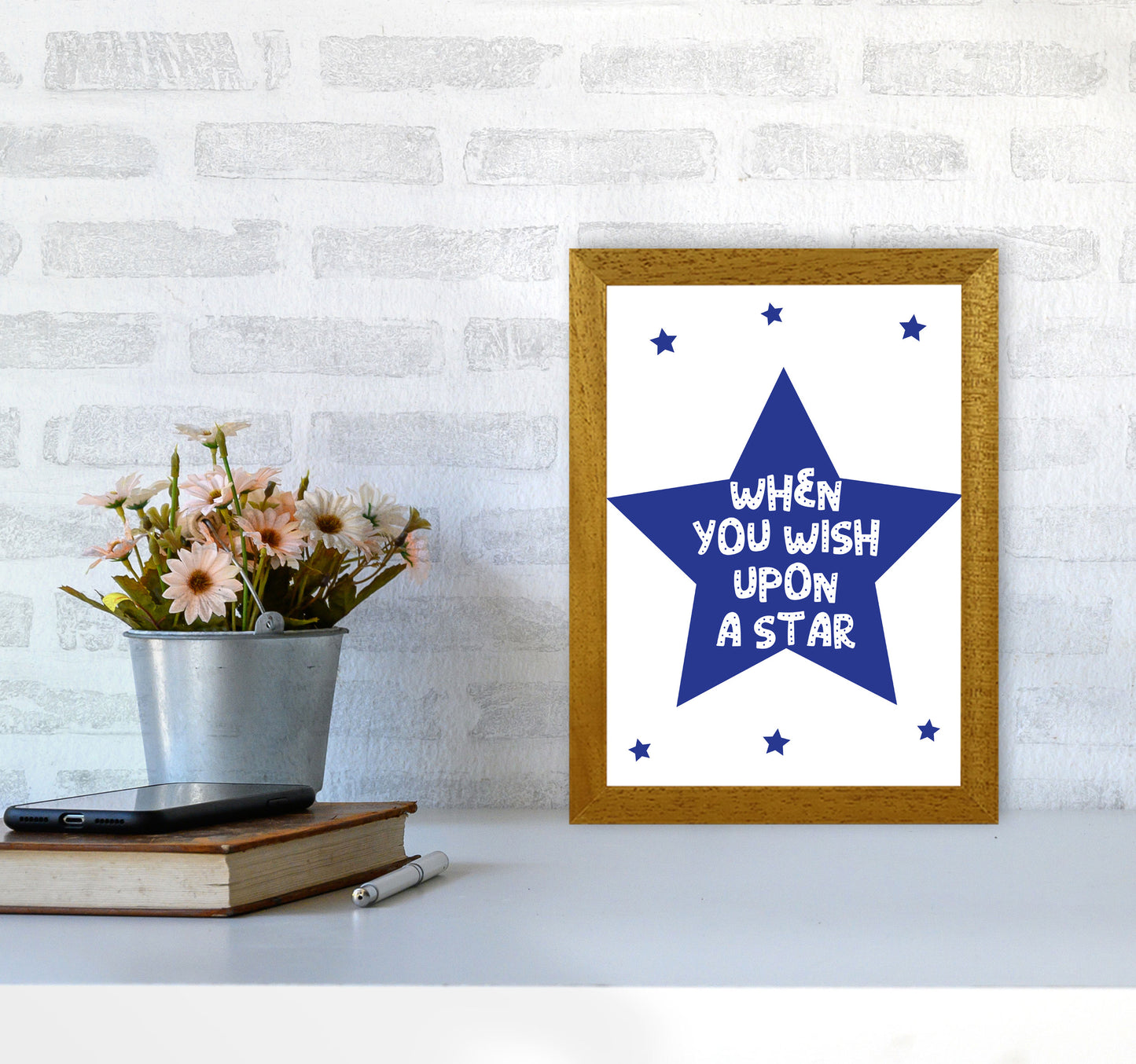 Wish Upon A Star Navy Framed Nursey Wall Art Print A4 Print Only