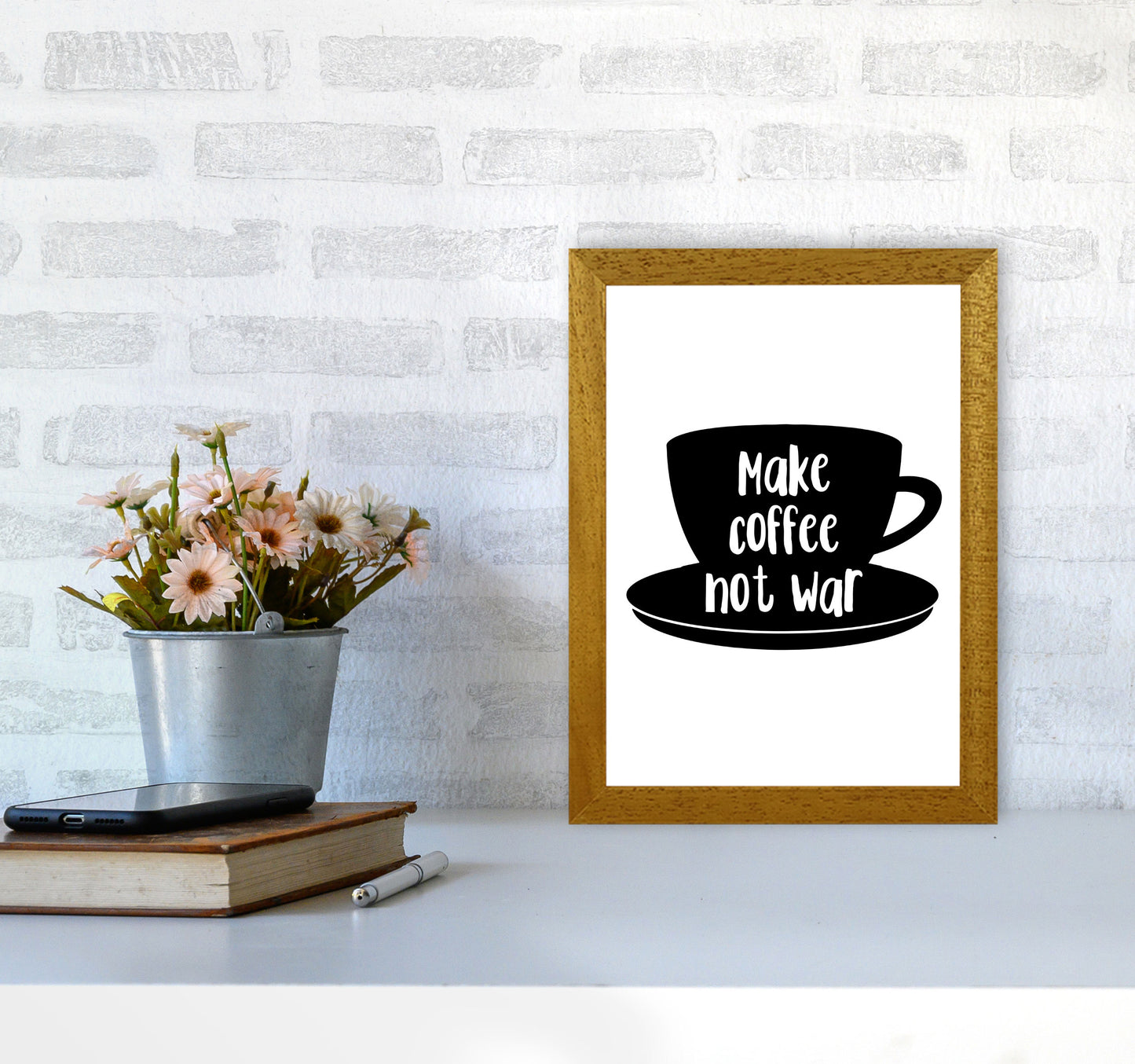 Make Coffee Not War Modern Print, Framed Kitchen Wall Art A4 Print Only