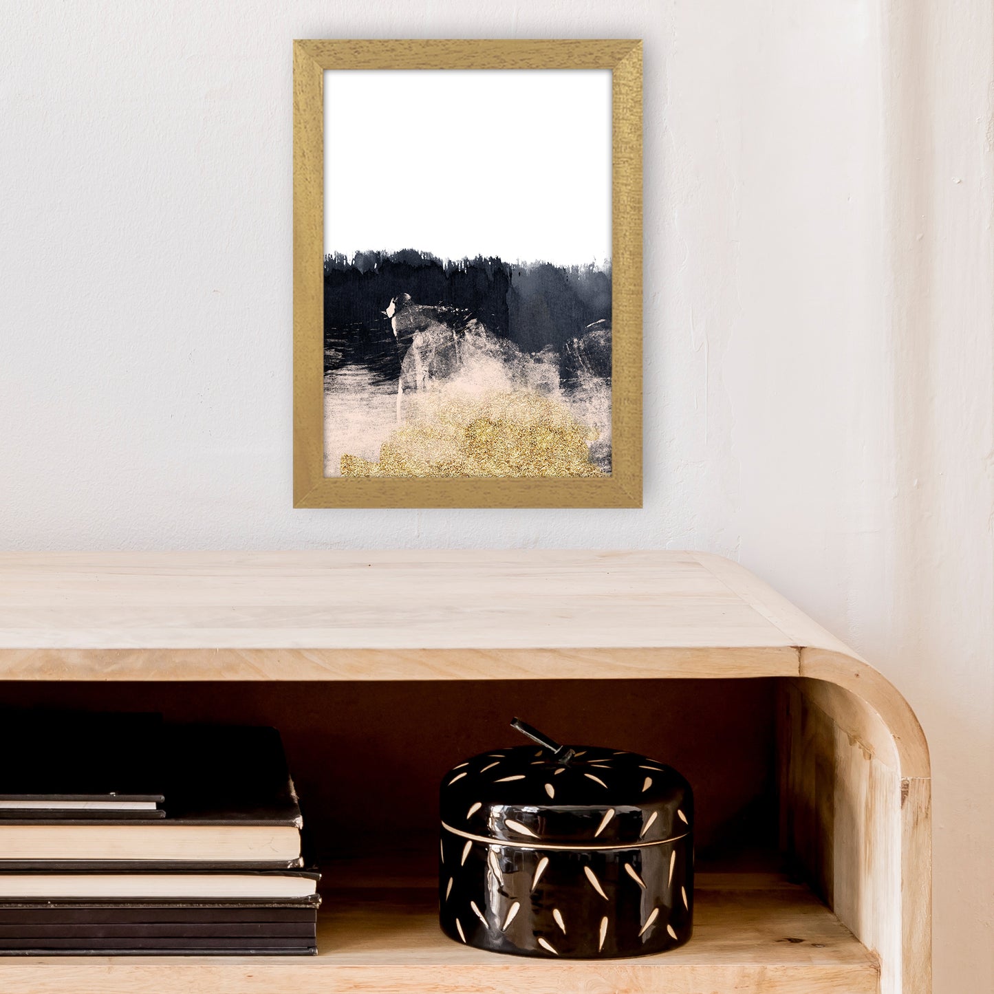 Lux Half Navy And Gold Paint Strokes Art Print by Pixy Paper A4 Print Only
