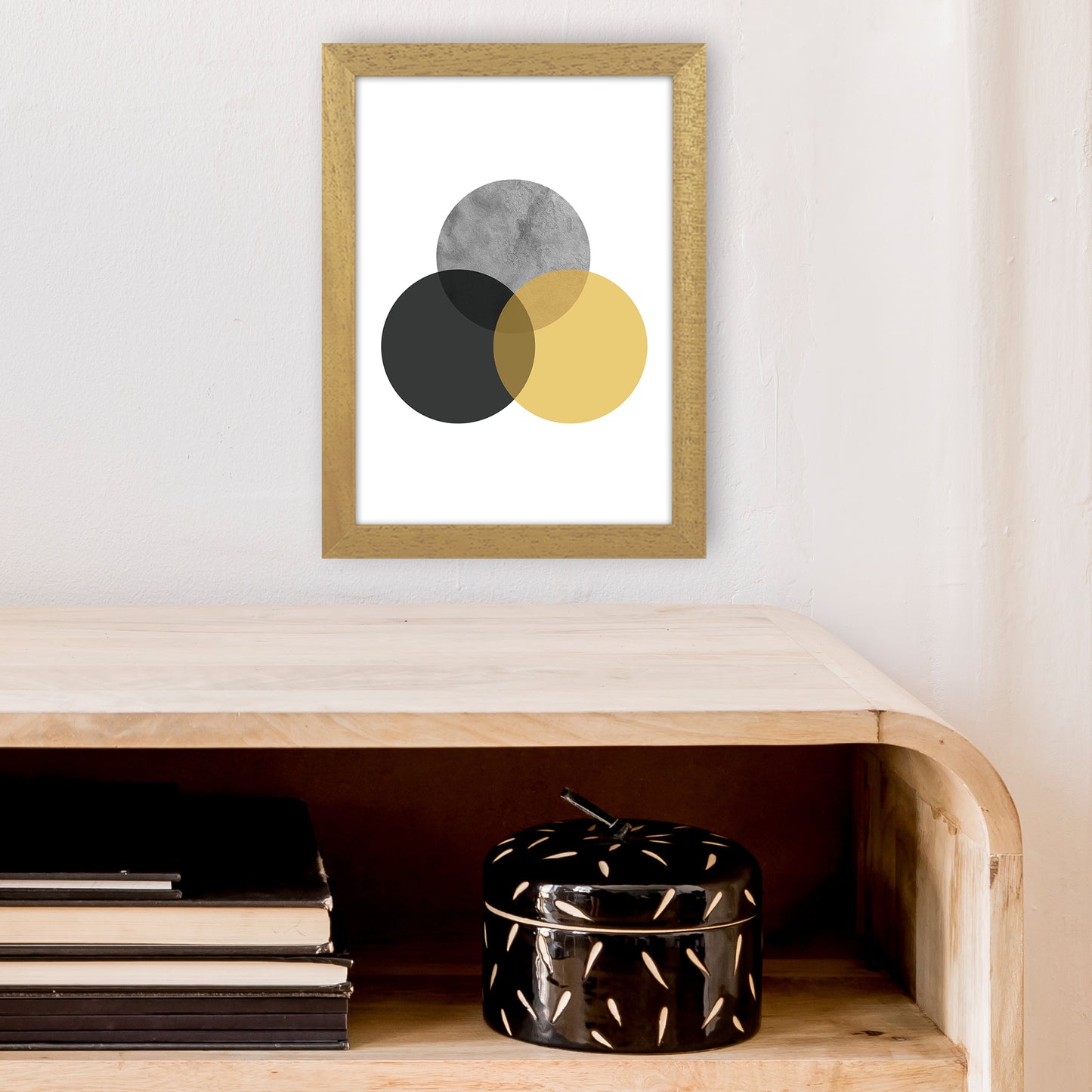 Geometric Mustard And Black Circles Art Print by Pixy Paper A4 Print Only