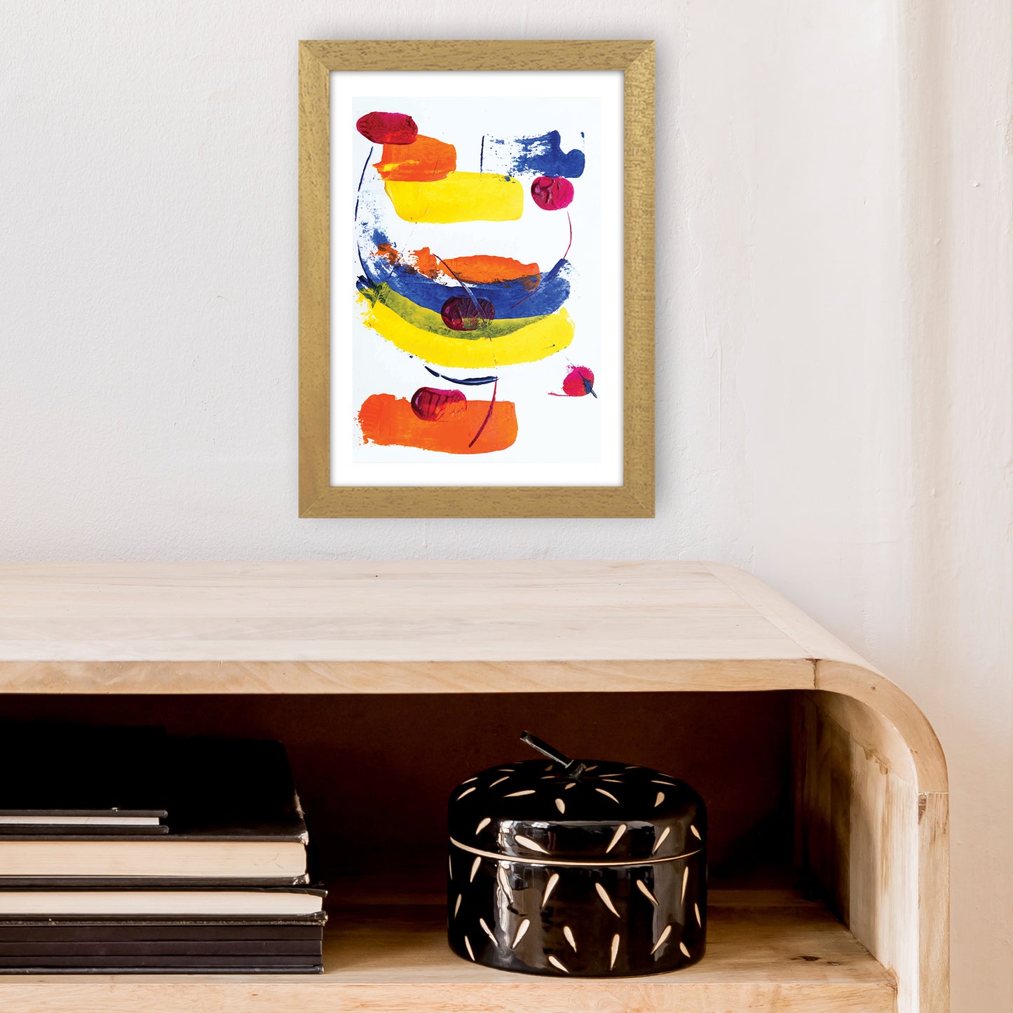 Bright Yellow Blue And Red Paint Strokes Art Print by Pixy Paper A4 Print Only
