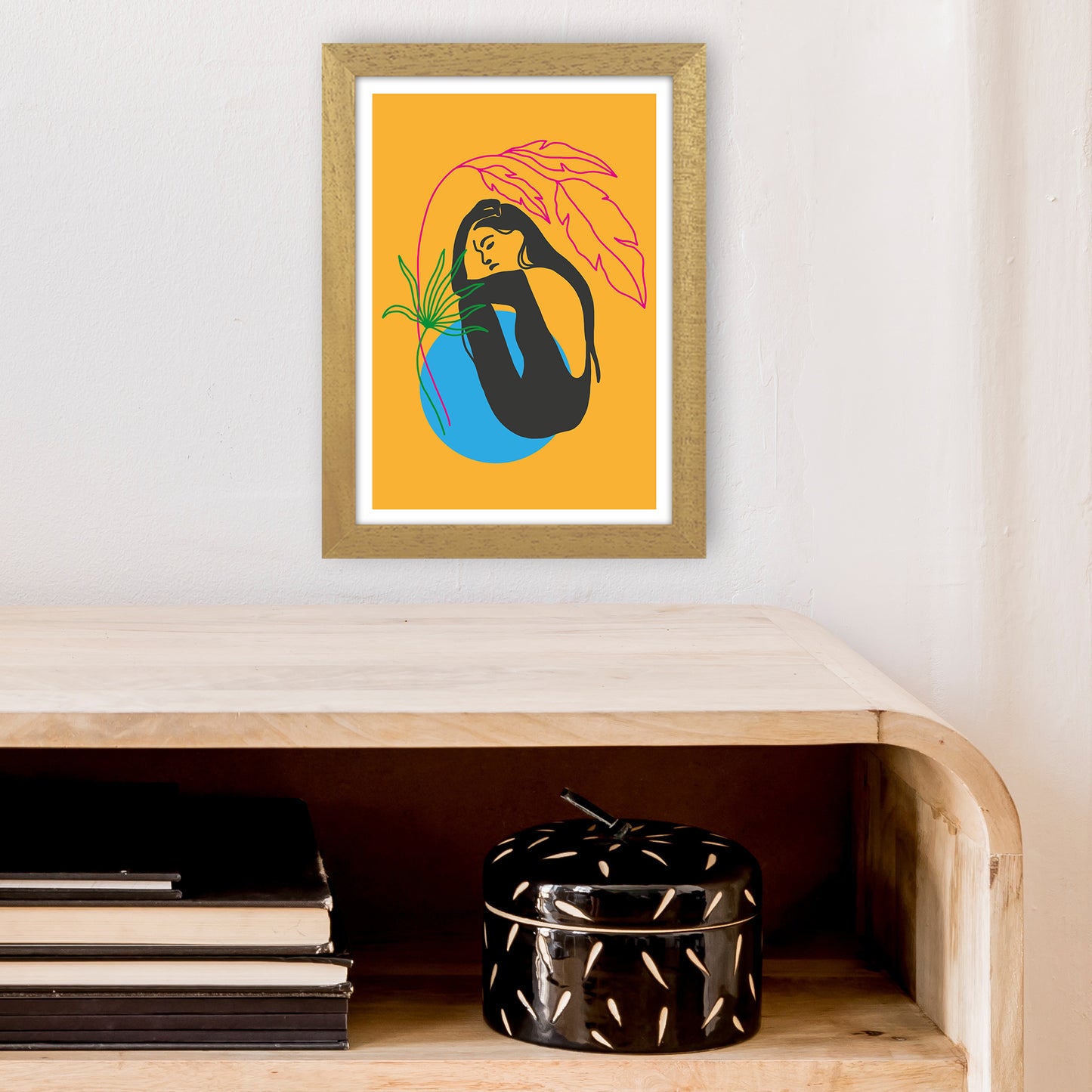 Girl Under Plant Yellow Neon Funk Art Print by Pixy Paper A4 Print Only
