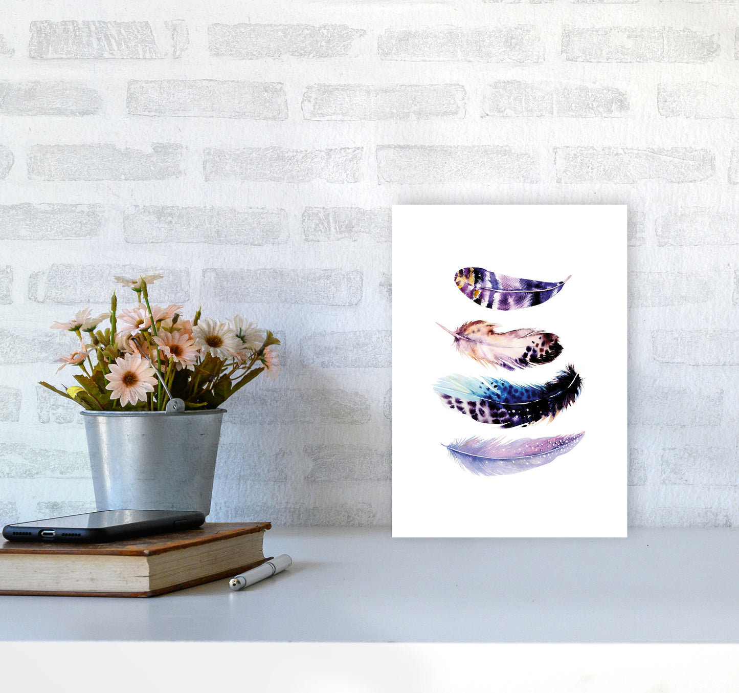 Purple Bird Feathers Abstract Modern Print A4 Black Frame