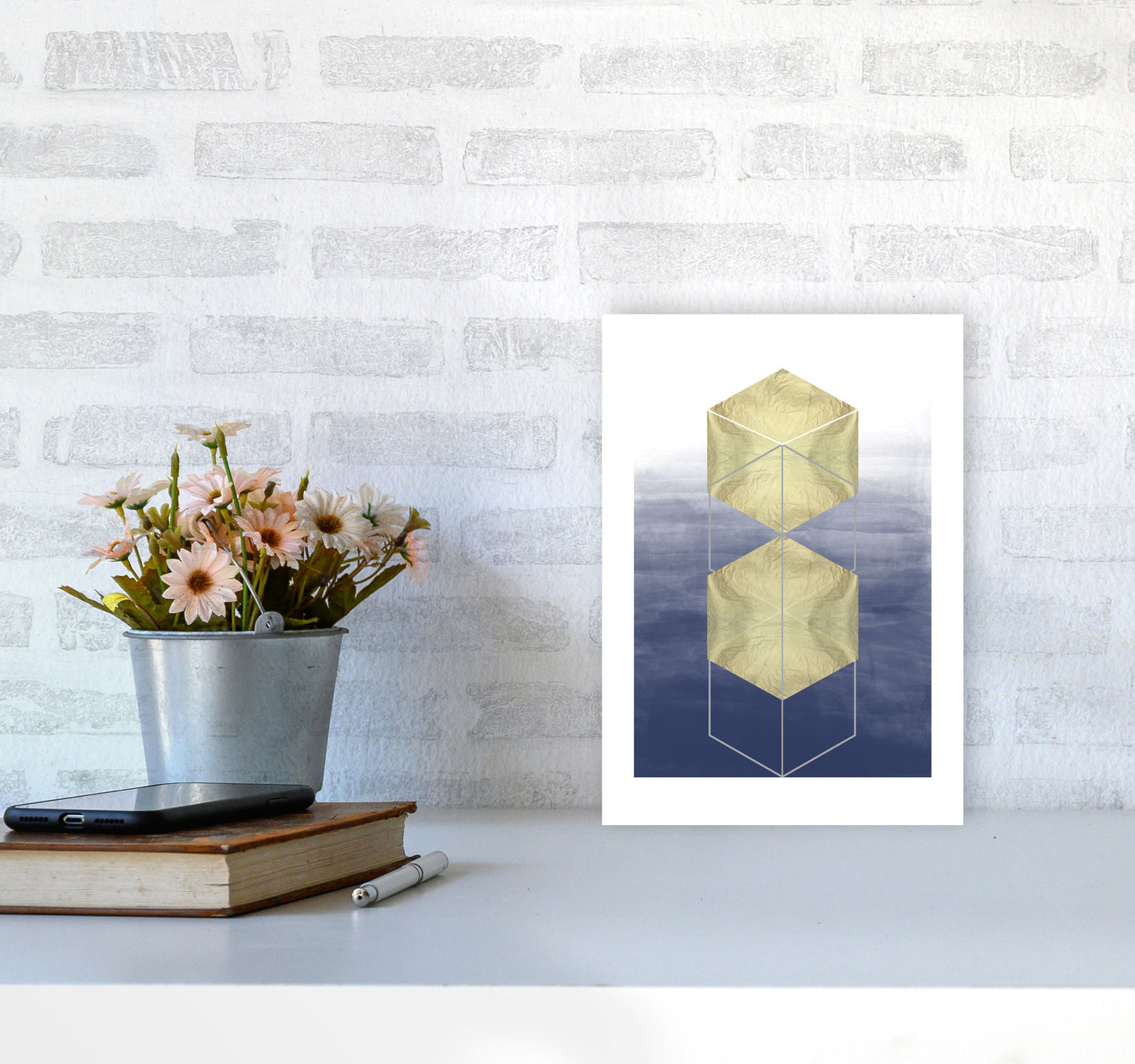 Navy And Gold Abstract Hexagons Modern Print A4 Black Frame