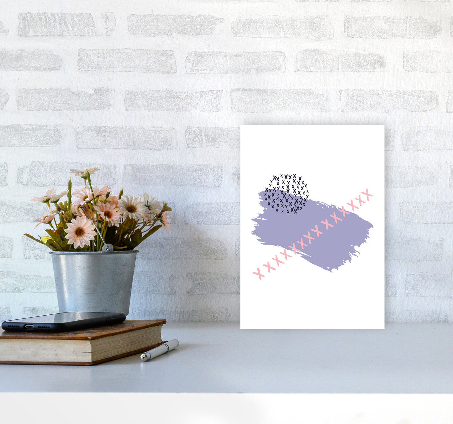 Purple X Paint Brush Abstract Modern Print A4 Black Frame