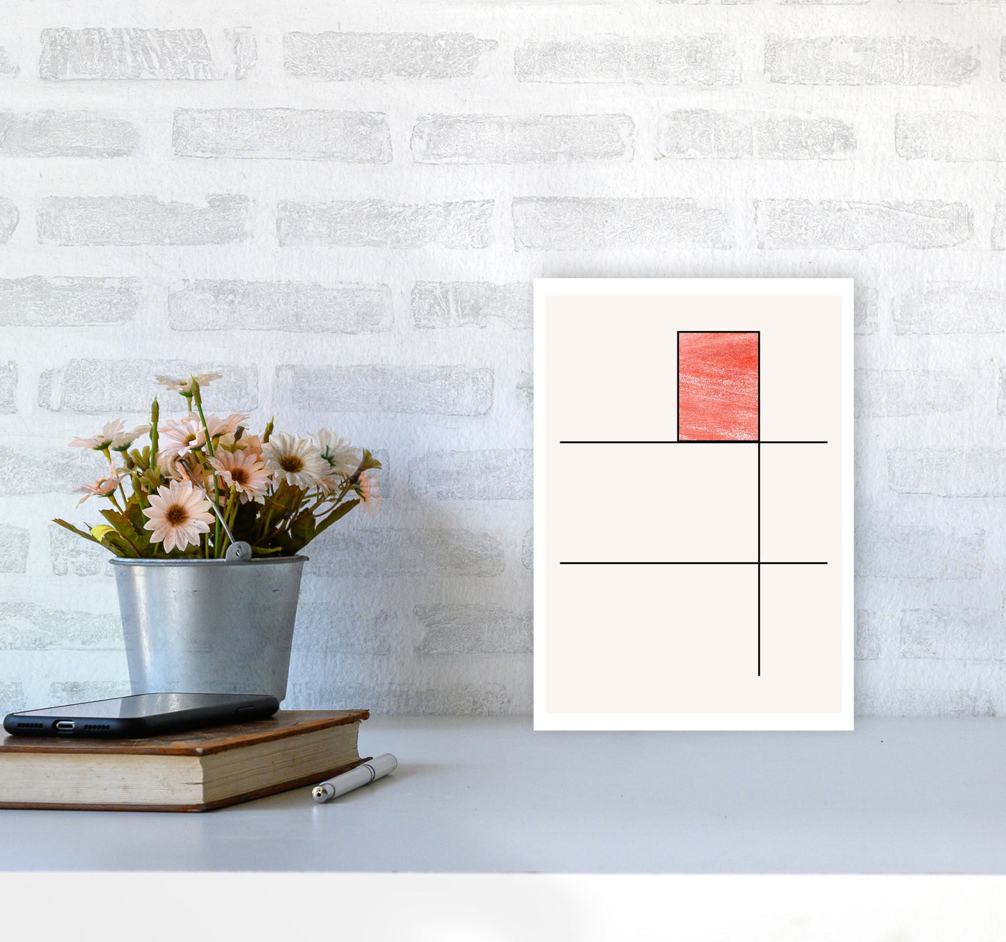 Abstract Red Crayon Geo 2 Modern Print A4 Black Frame