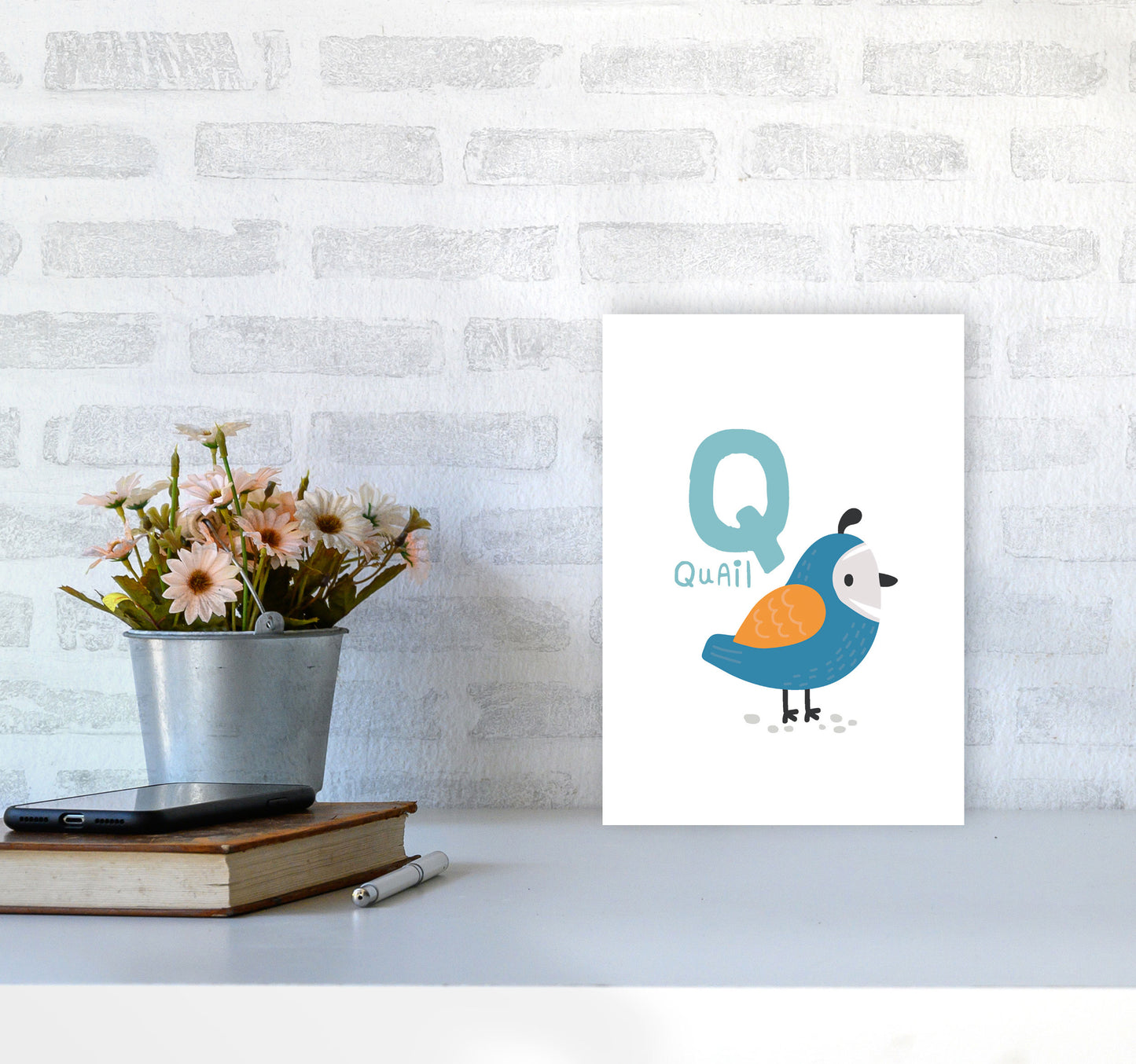 Alphabet Animals, Q Is For Quail Framed Nursey Wall Art Print A4 Black Frame