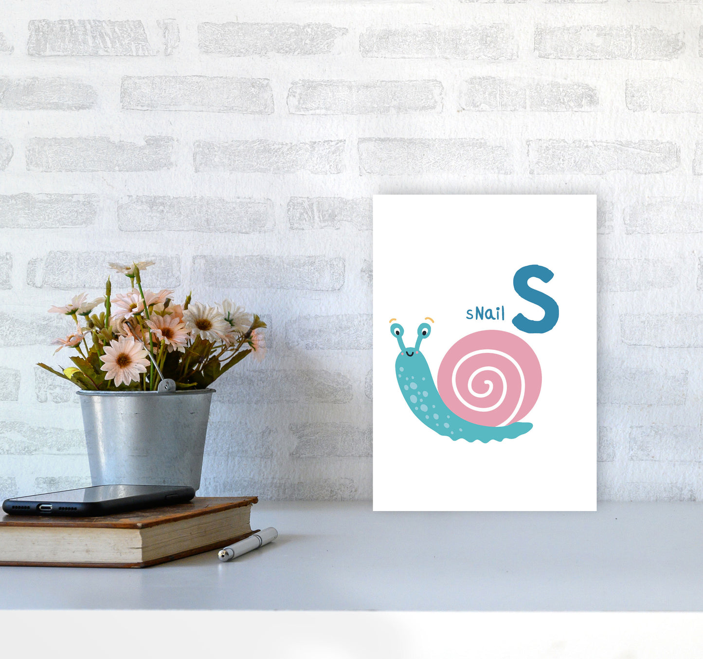 Alphabet Animals, S Is For Snail Framed Nursey Wall Art Print A4 Black Frame