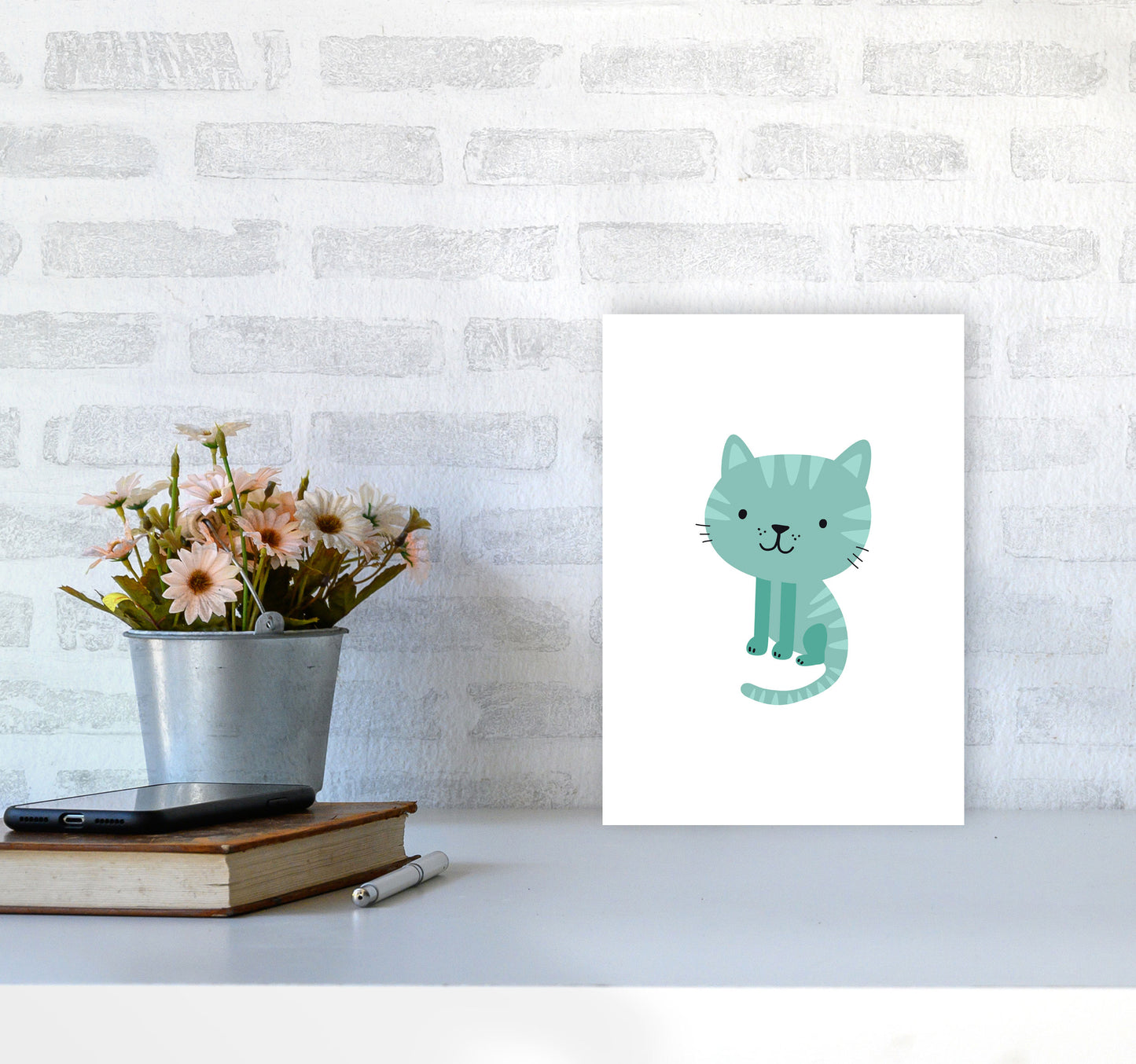 Children's Animals, Cat Modern Print A4 Black Frame