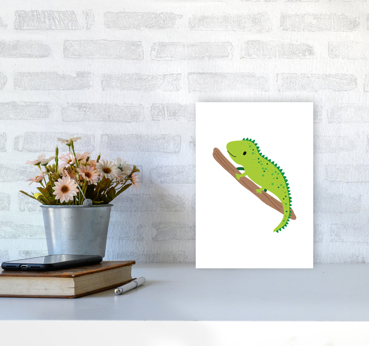 Children's Animals, Iguana Modern Print A4 Black Frame