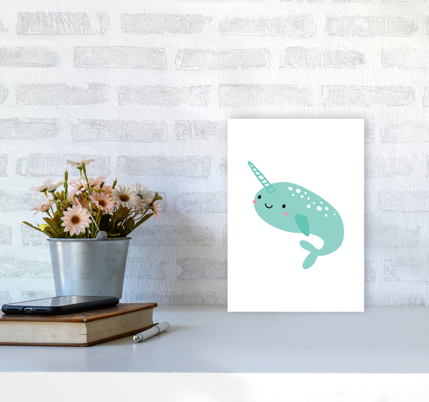 Children's Animals, Narwhal Modern Print A4 Black Frame