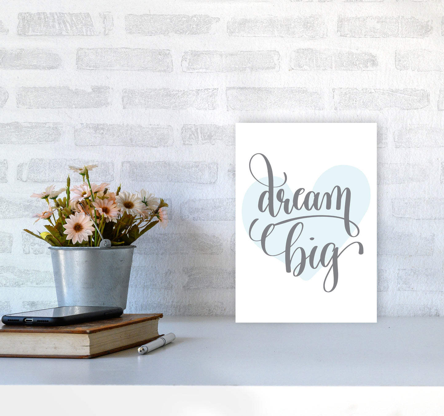 Dream Big Blue Heart Framed Nursey Wall Art Print A4 Black Frame