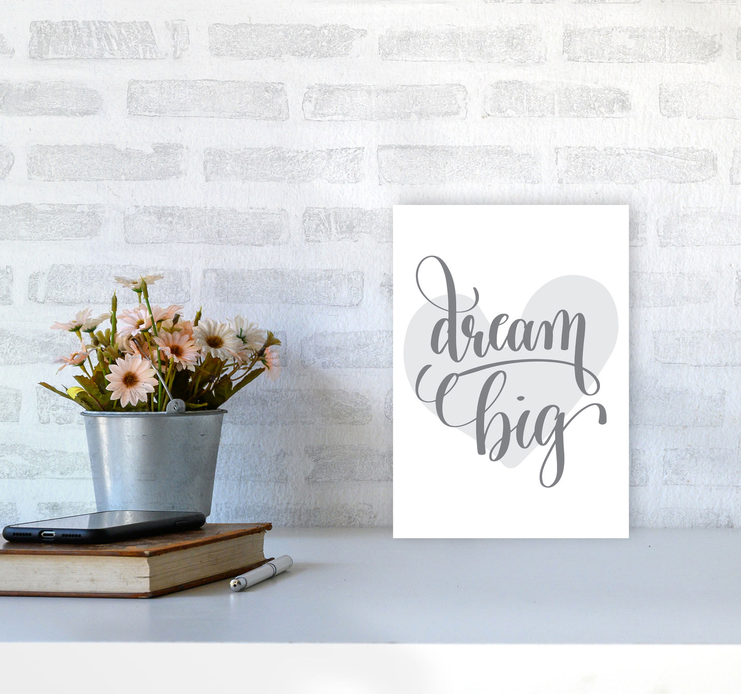 Dream Big Grey Heart Framed Nursey Wall Art Print A4 Black Frame
