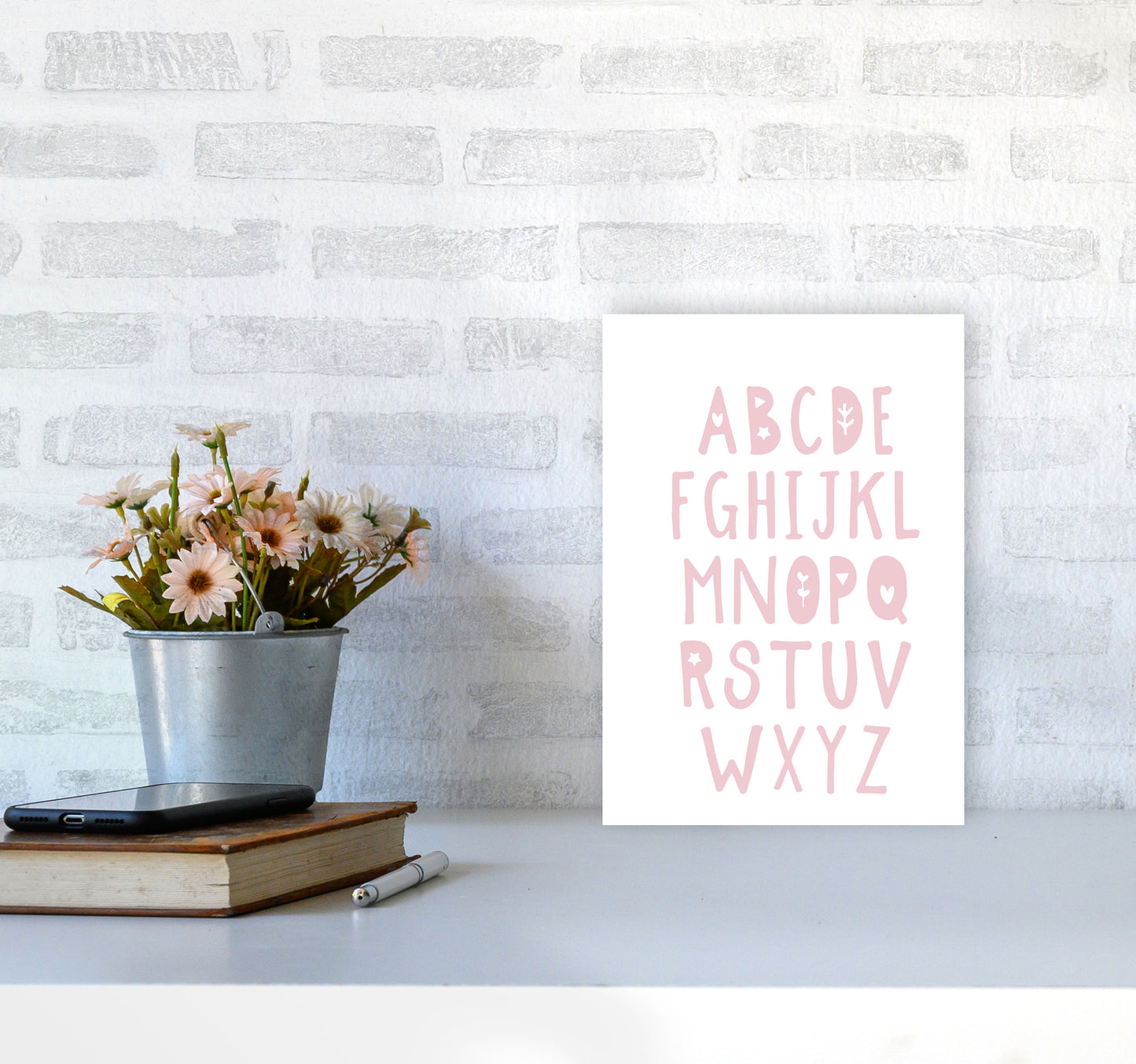 Baby Pink Alphabet Framed Nursey Wall Art Print A4 Black Frame