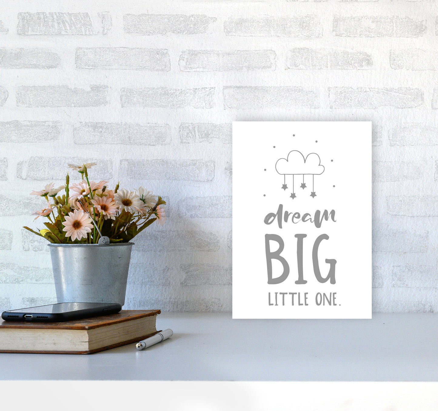 Dream Big Little One Grey Framed Nursey Wall Art Print A4 Black Frame
