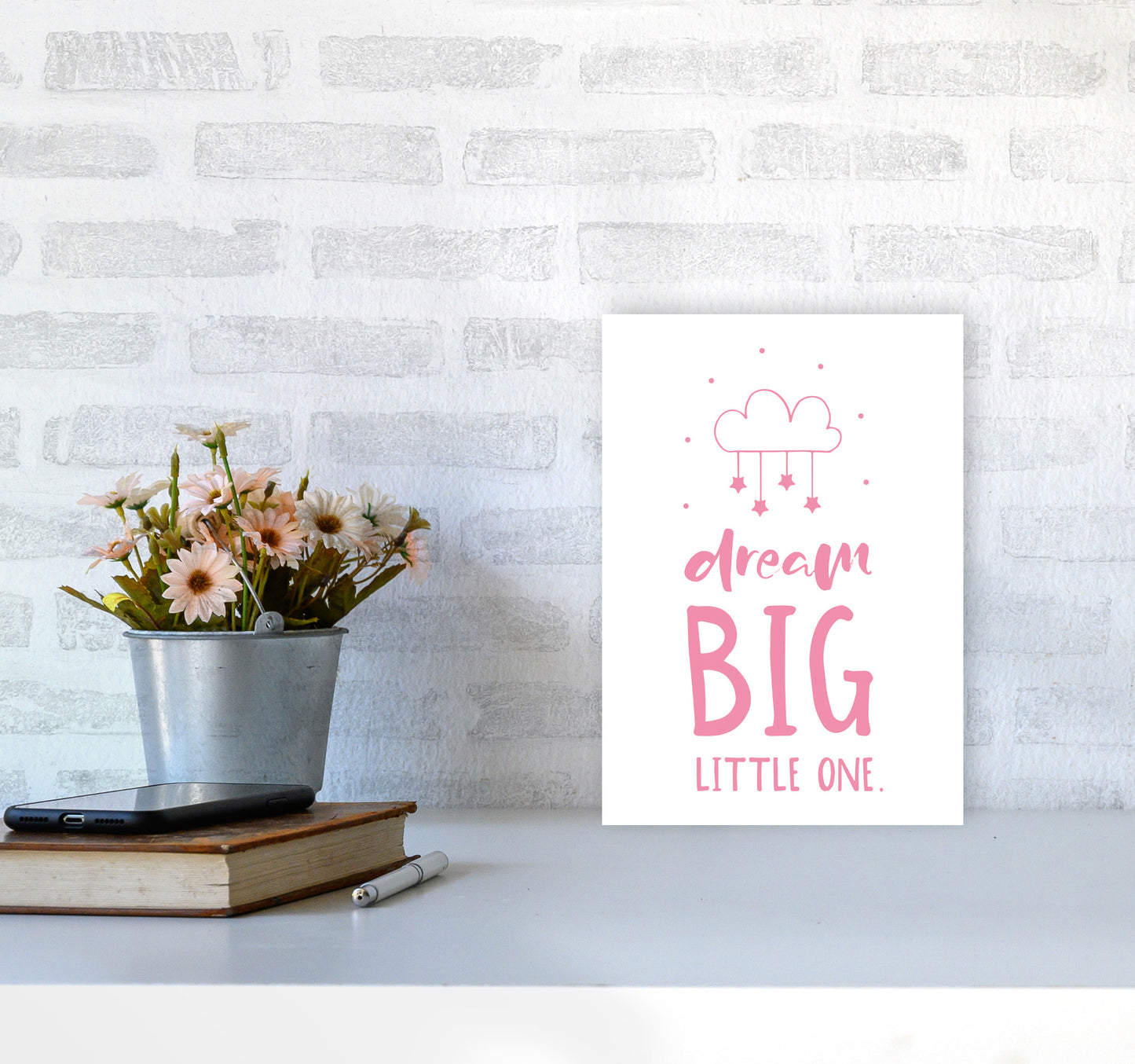 Dream Big Little One Pink Framed Nursey Wall Art Print A4 Black Frame