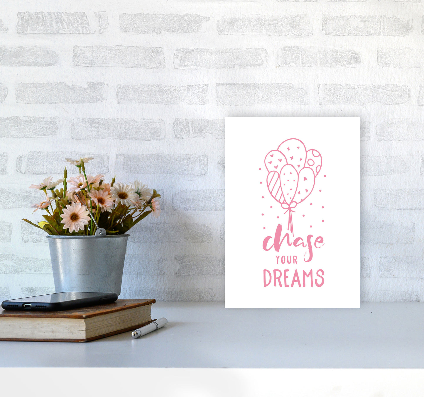 Chase Your Dreams Pink Framed Typography Wall Art Print A4 Black Frame