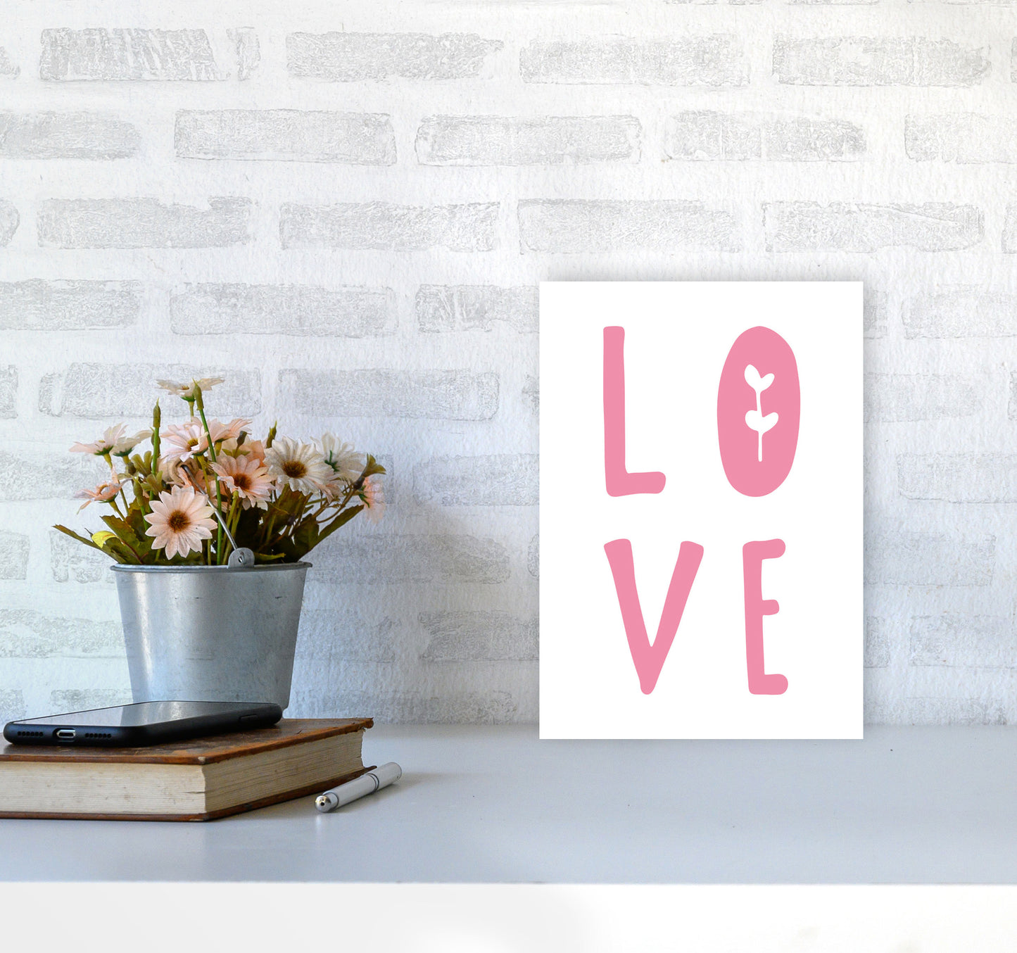 Love Pink Framed Typography Wall Art Print A4 Black Frame