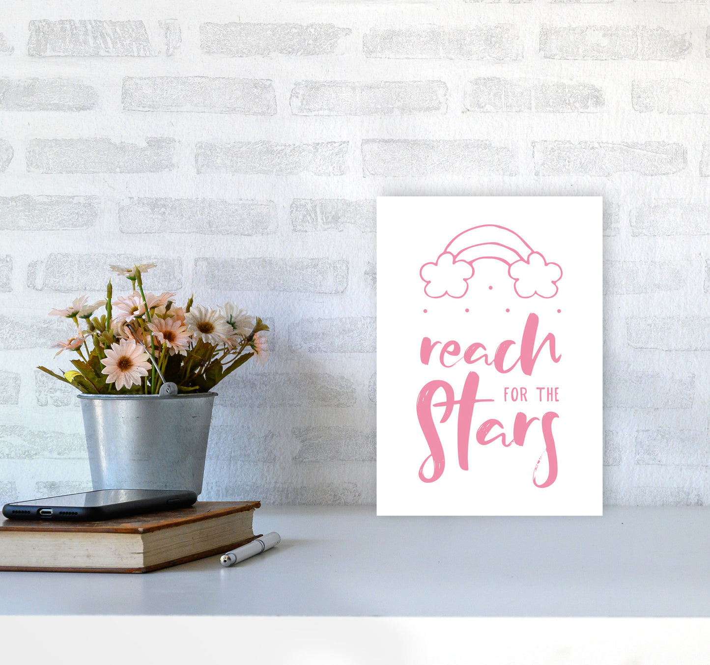 Reach For The Stars Pink Modern Print A4 Black Frame