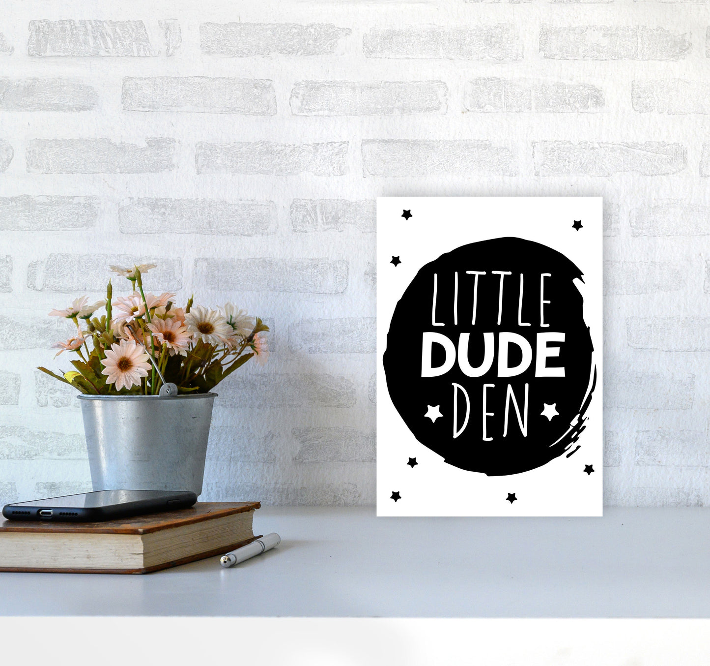 Little Dude Den Black Circle Framed Nursey Wall Art Print A4 Black Frame