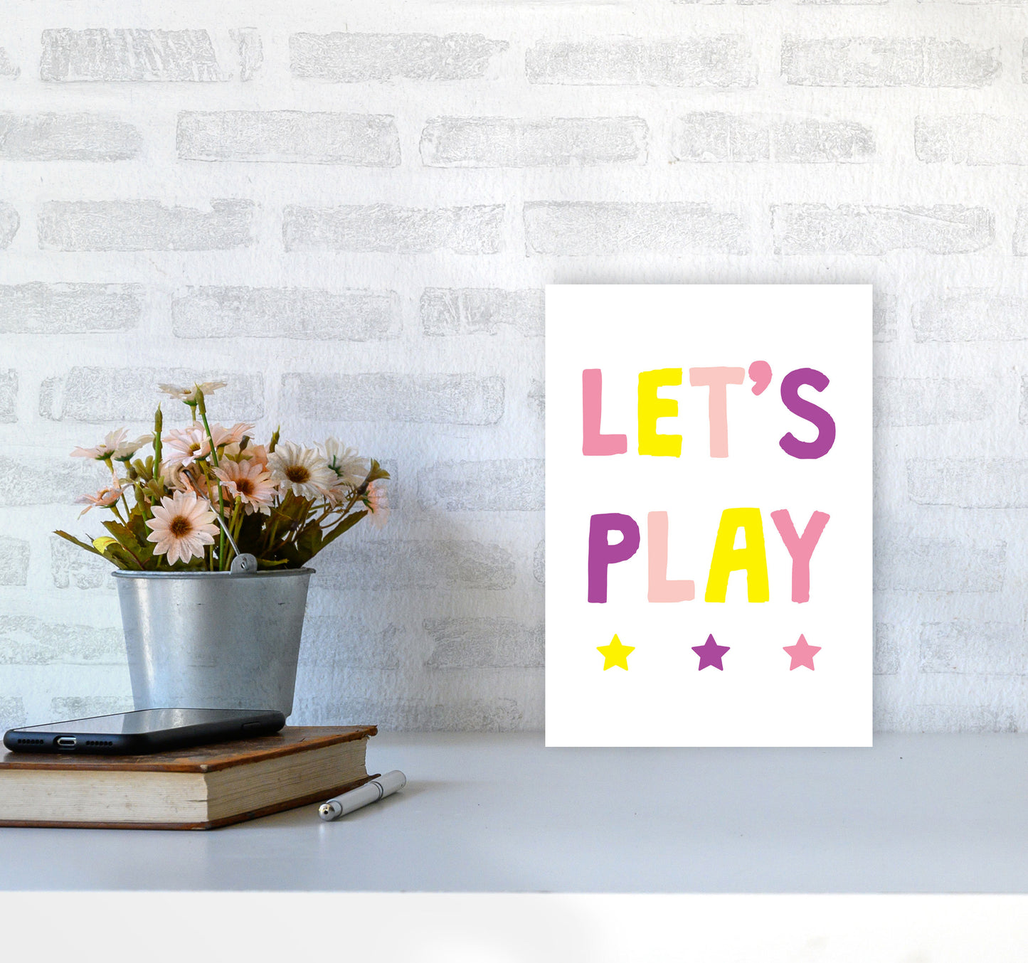 Let's Play Pinks Framed Nursey Wall Art Print A4 Black Frame