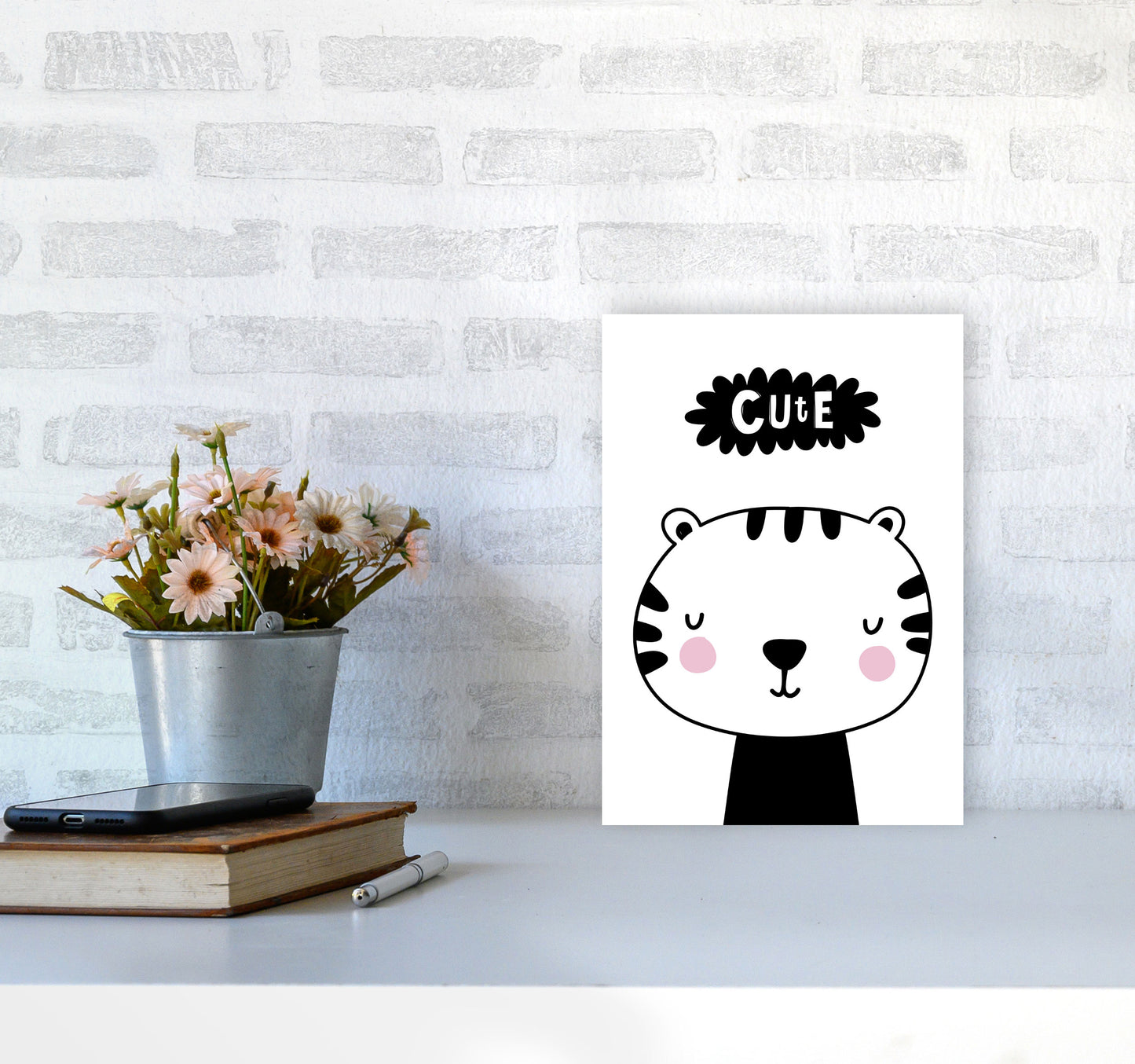 Cute Scandi Tiger Modern Print Animal Art Print A4 Black Frame