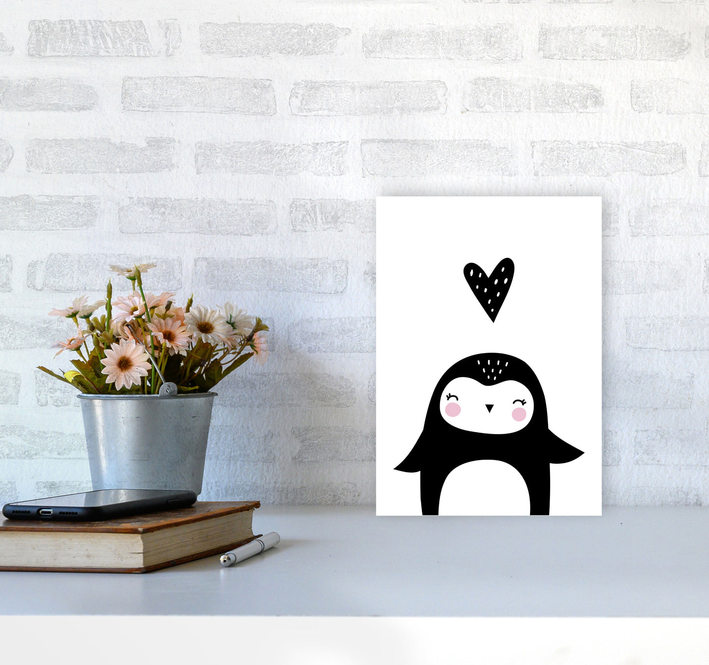 Penguin And Heart Modern Print Animal Art Print A4 Black Frame