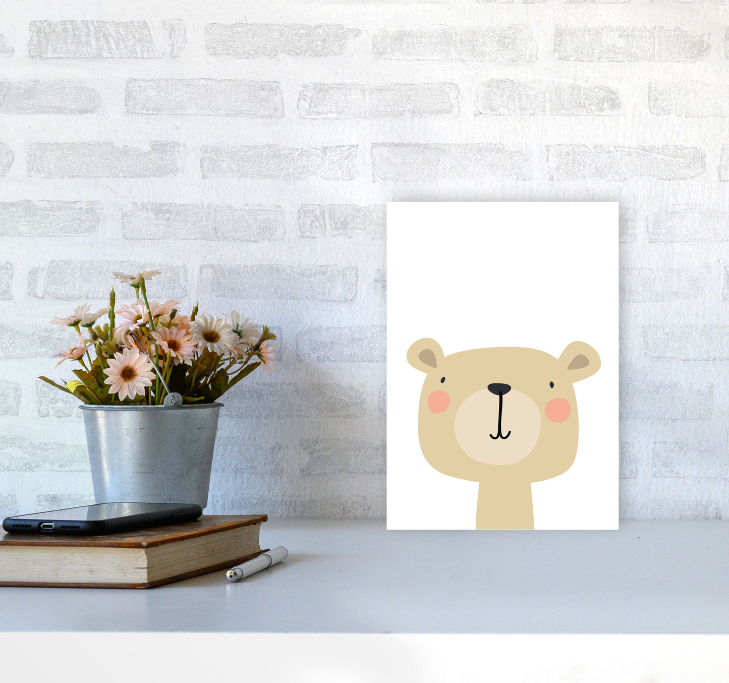 Beige Bear Modern Print Animal Art Print A4 Black Frame