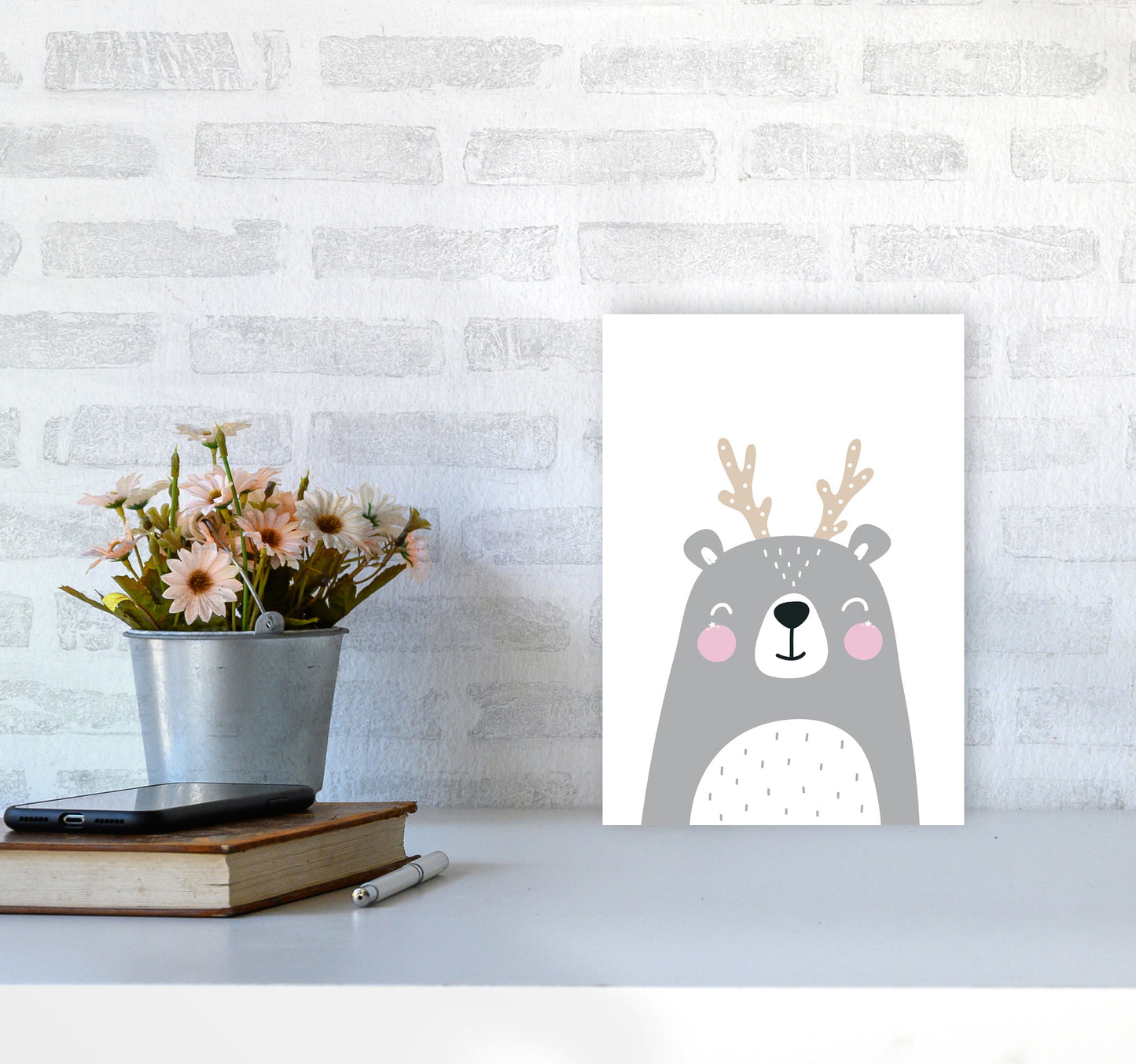 Grey Bear With Antlers Modern Print Animal Art Print A4 Black Frame