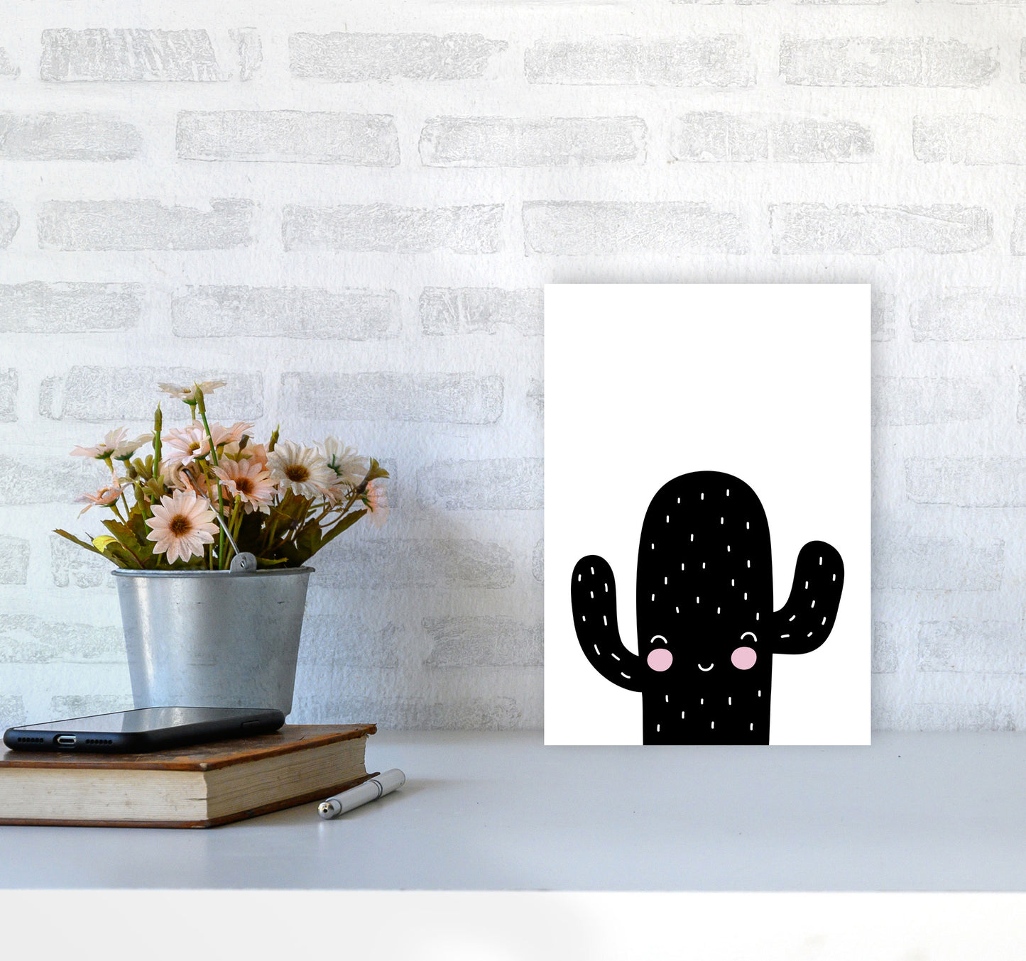Black Scandi Cactus Modern Print, Framed Botanical & Nature Art Print A4 Black Frame