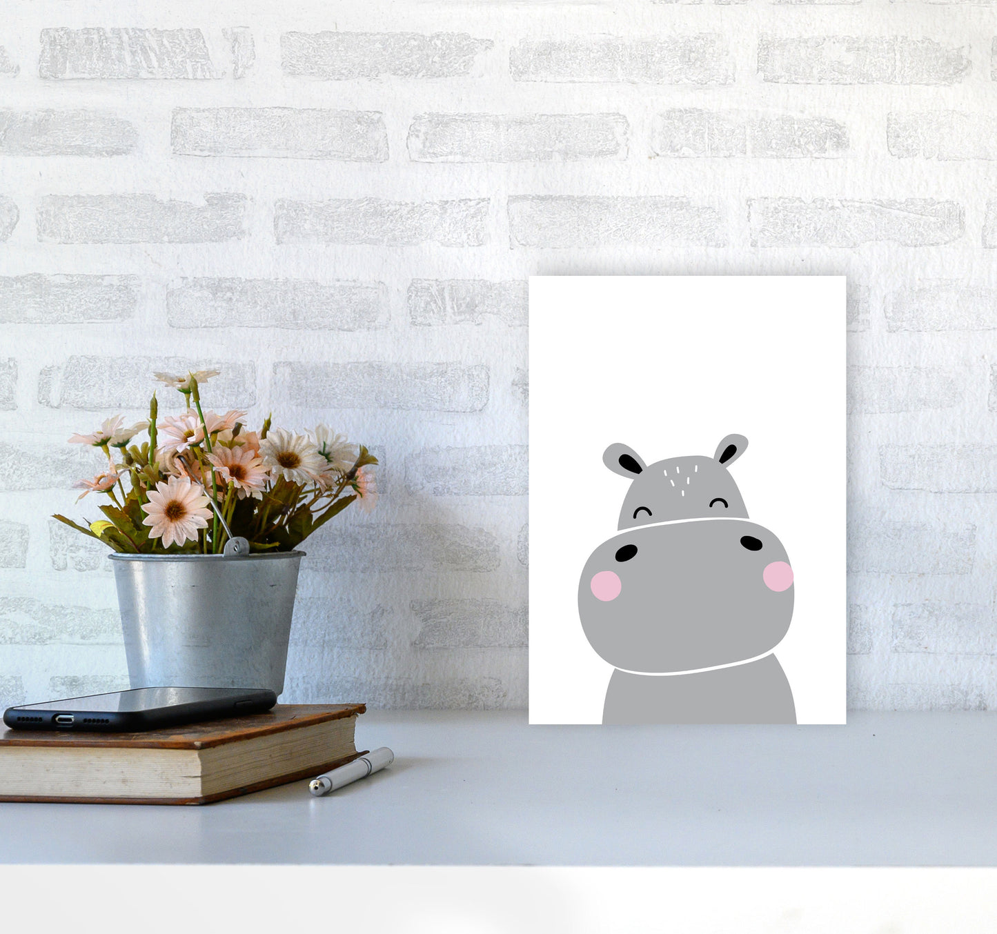 Scandi Hippo Framed Nursey Wall Art Print A4 Black Frame