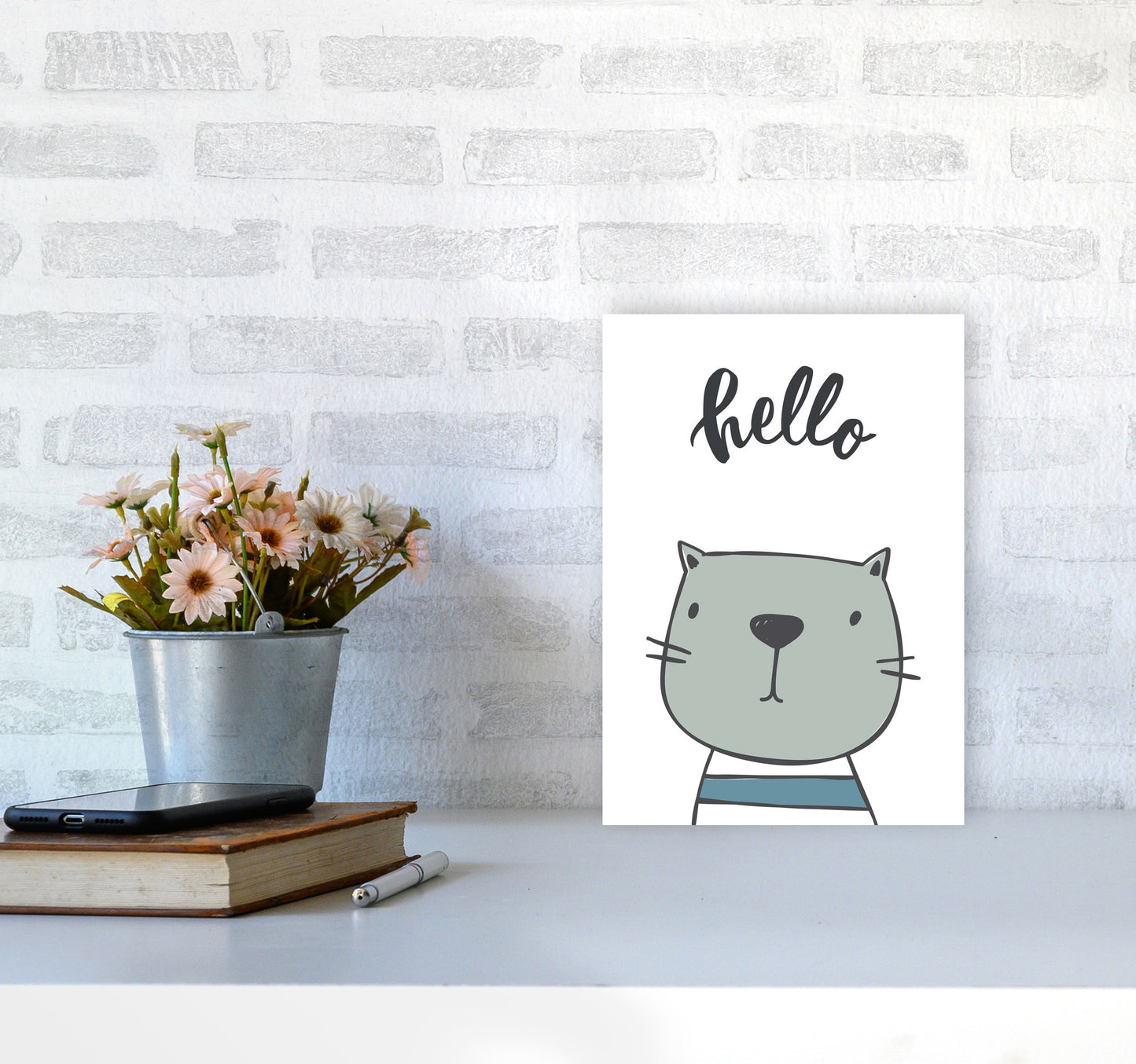 Hello Cat Modern Print Animal Art Print A4 Black Frame