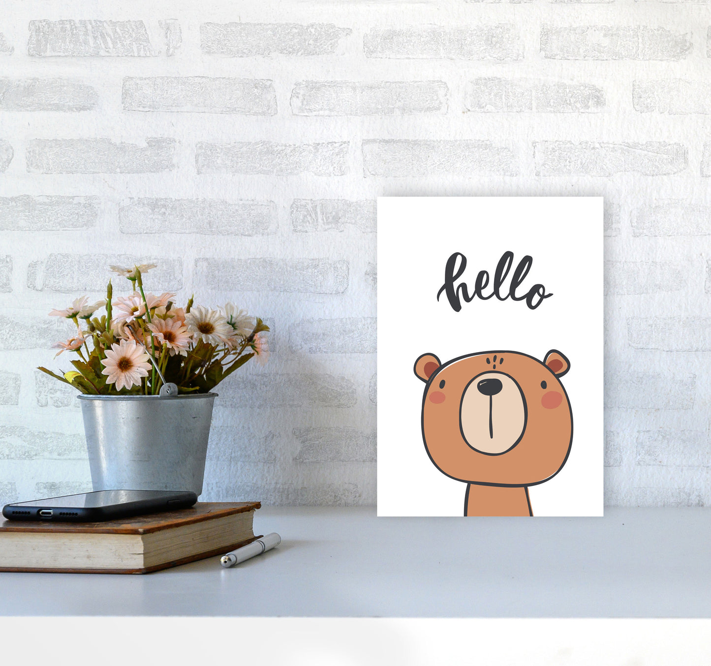 Hello Bear Modern Print Animal Art Print A4 Black Frame